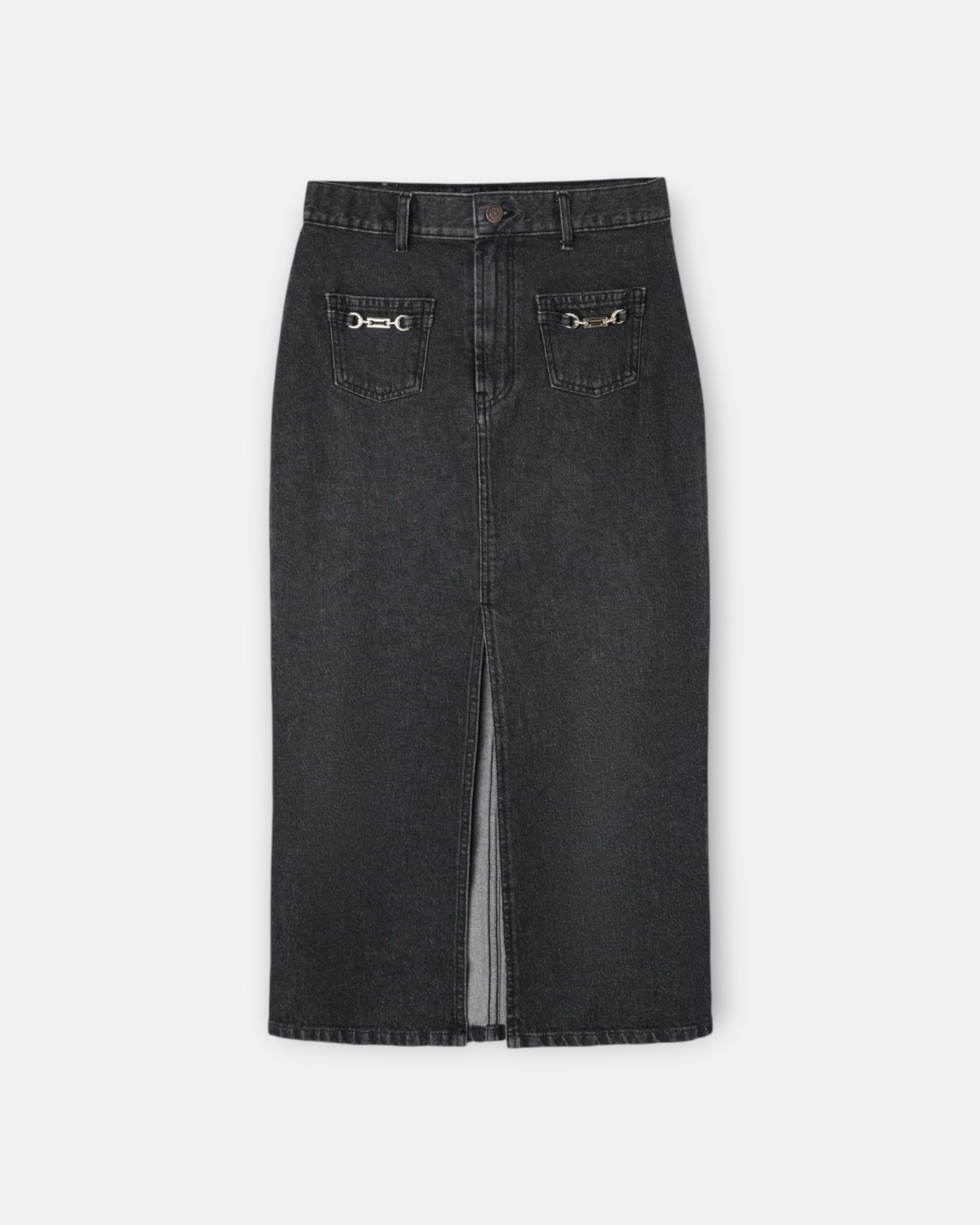 Saia Midi com Corte a Direito e Fivela Denim em Cinzento Cinzento-4