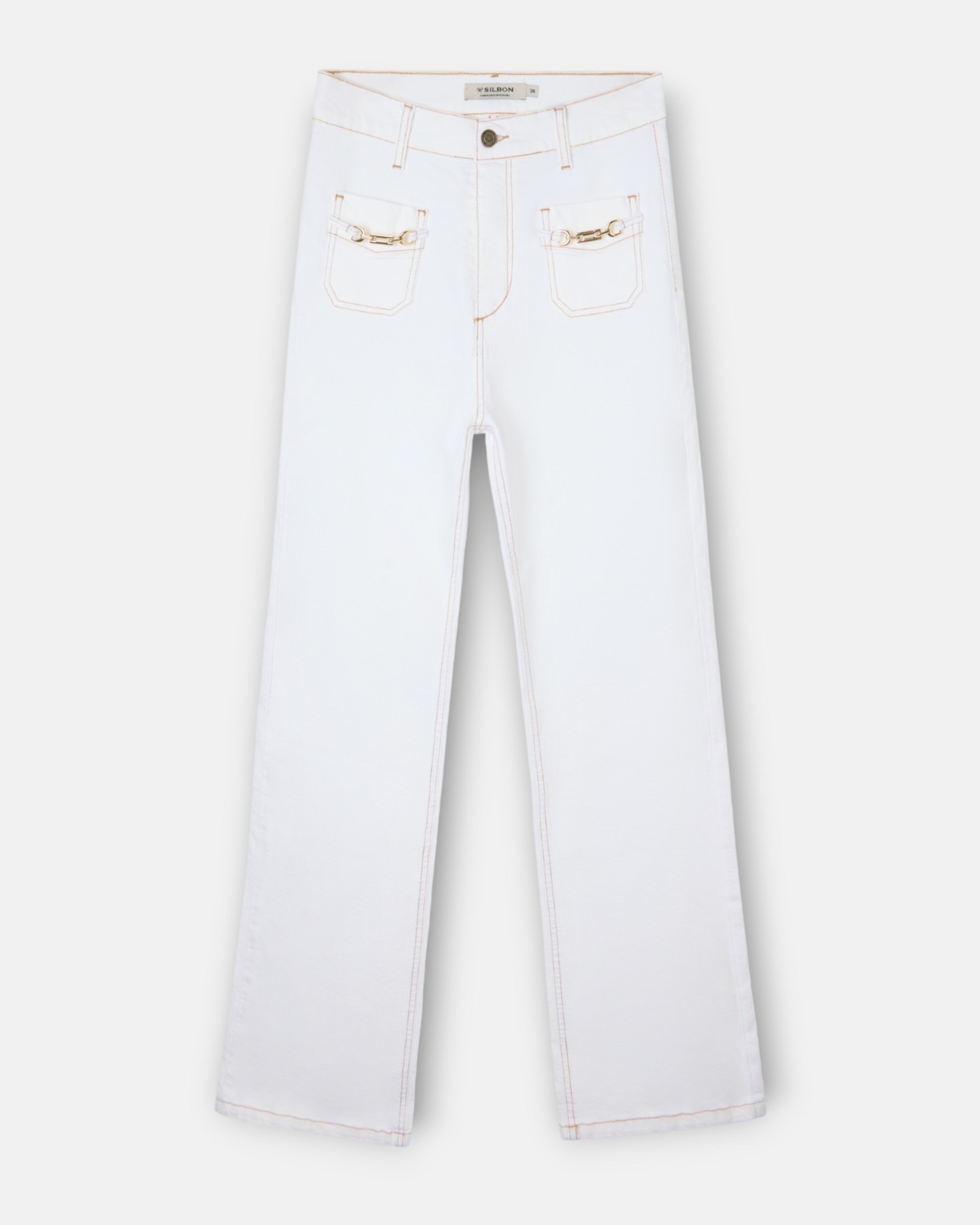 Jeans com Corte a Direito Denim Fivelas Branco-4