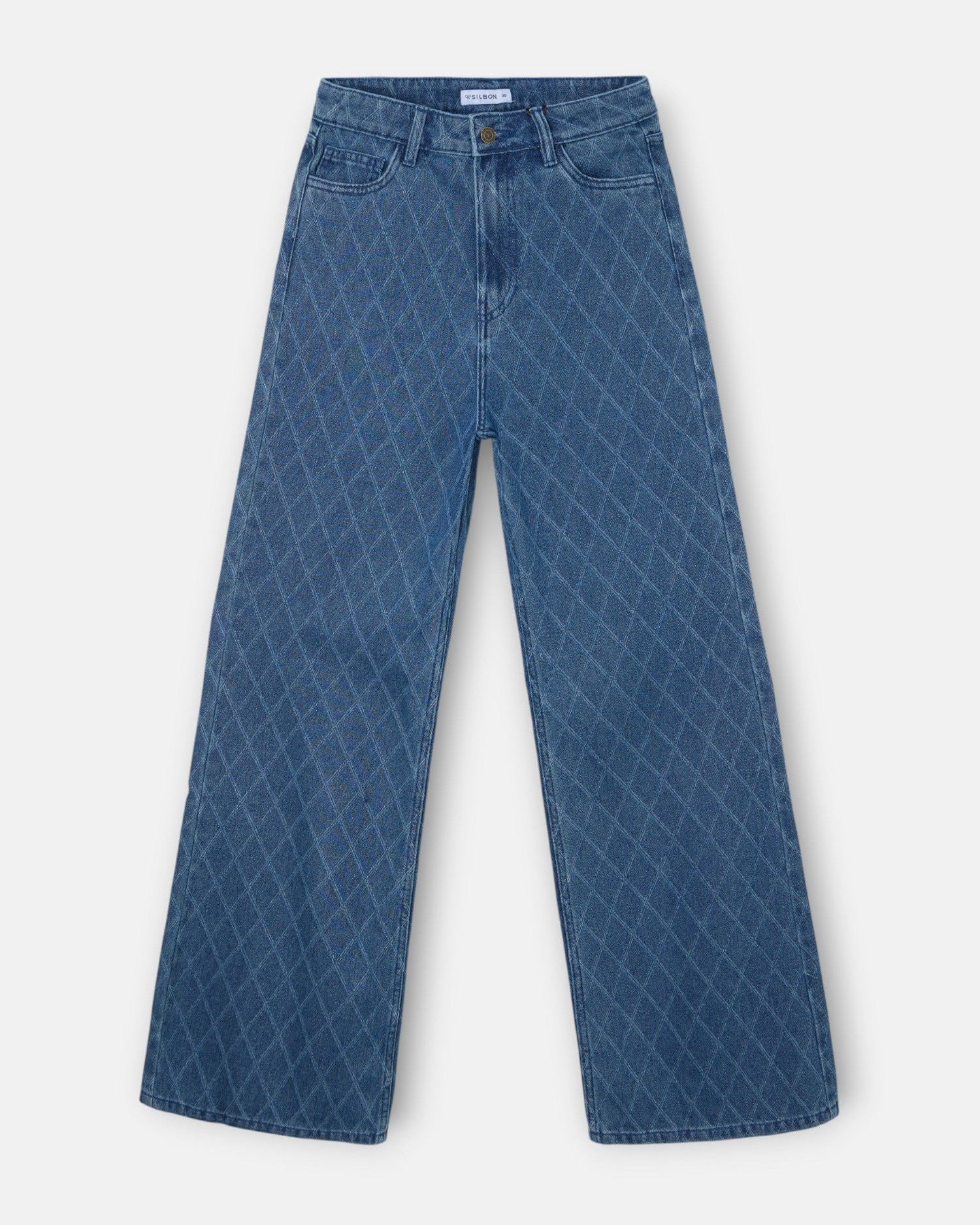 Calças Denim com Estampado de Losangos em Azul Azul-4