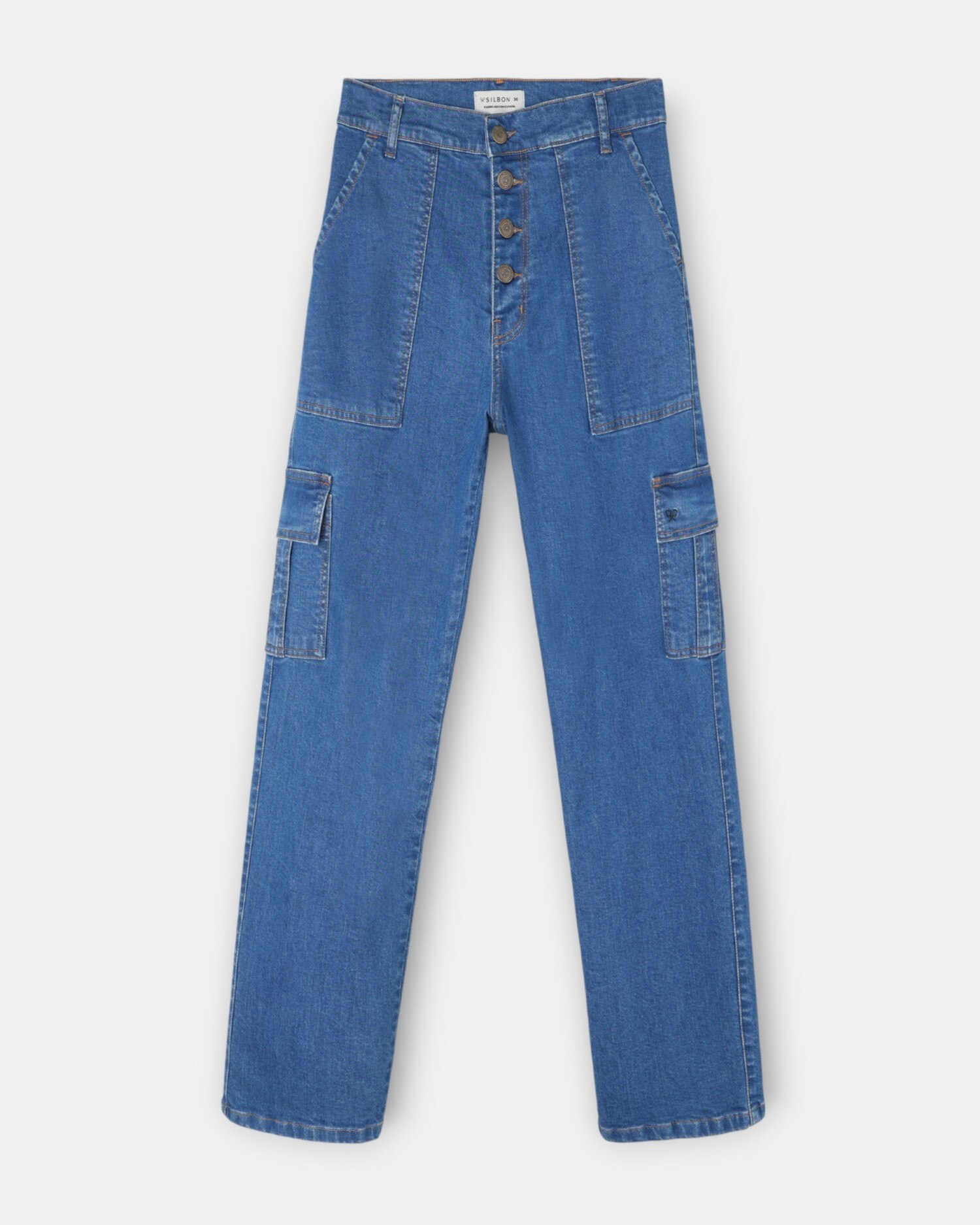 Jeans com Corte a Direito Cargo Denim Azul denim-4