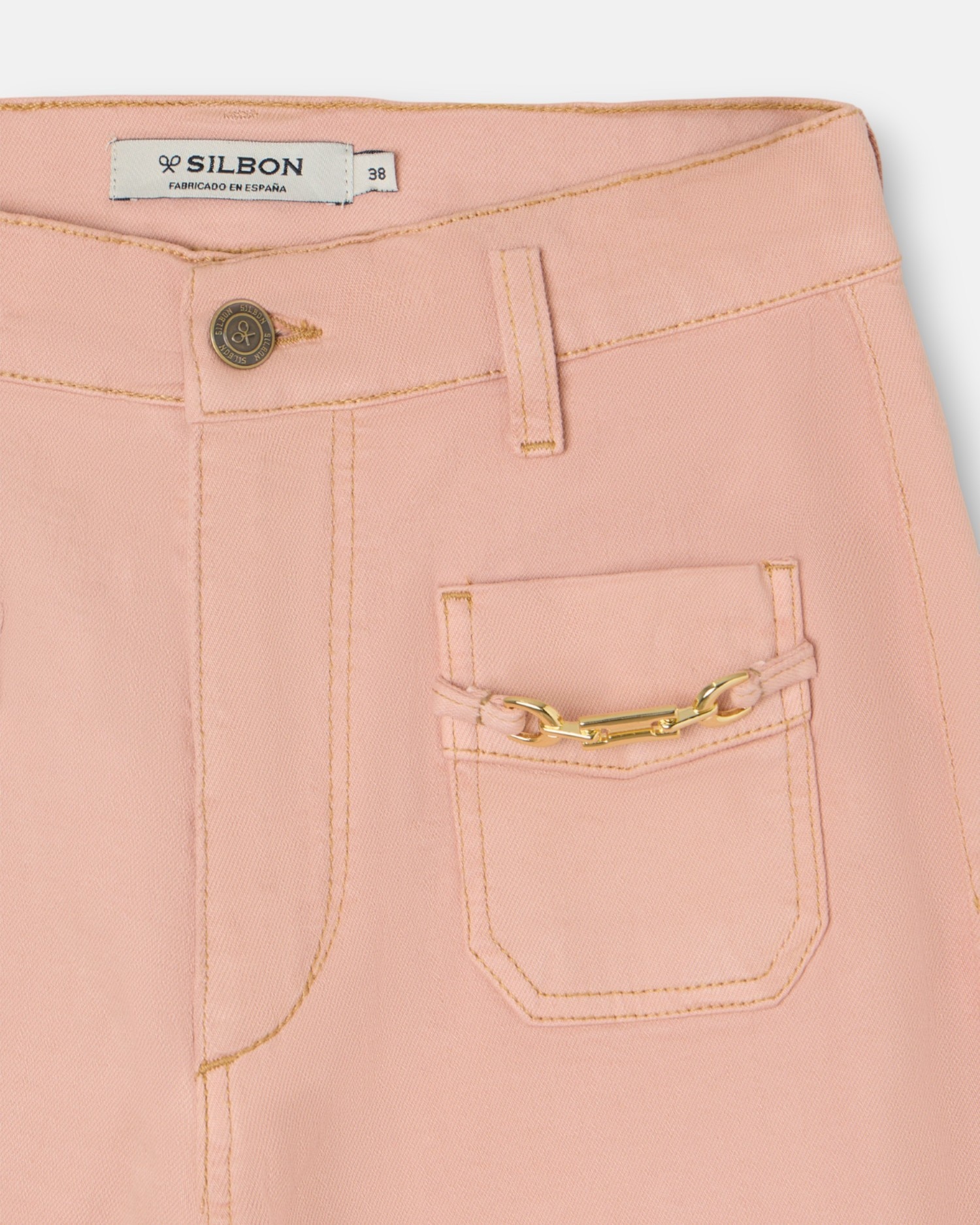 Jeans com Corte a Direito Denim Fivelas Coral-3