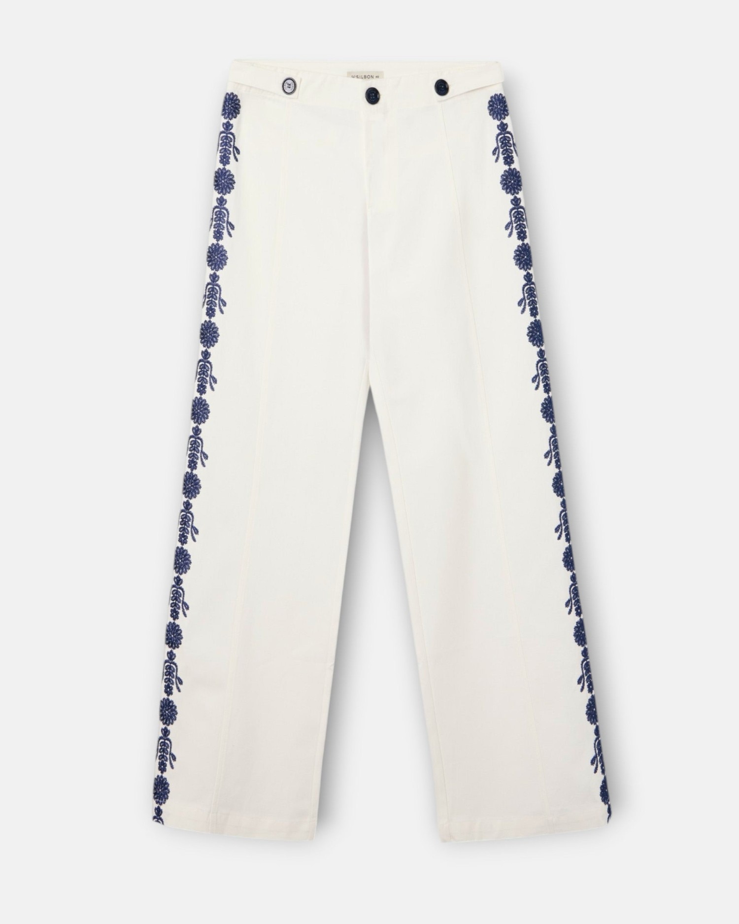 Calças com Corte a Direito com Detalhes Bordados em Branco Branco-4