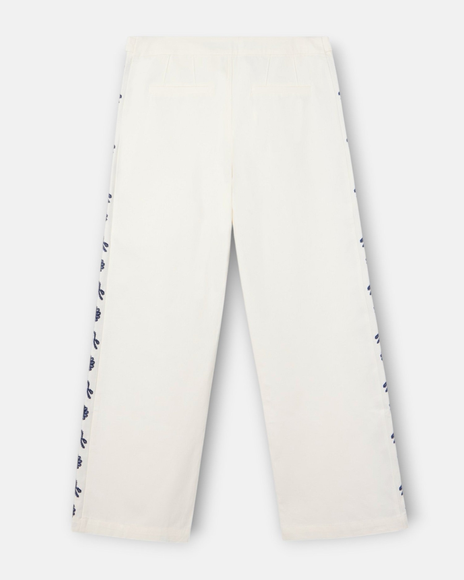 Calças com Corte a Direito com Detalhes Bordados em Branco Branco-5