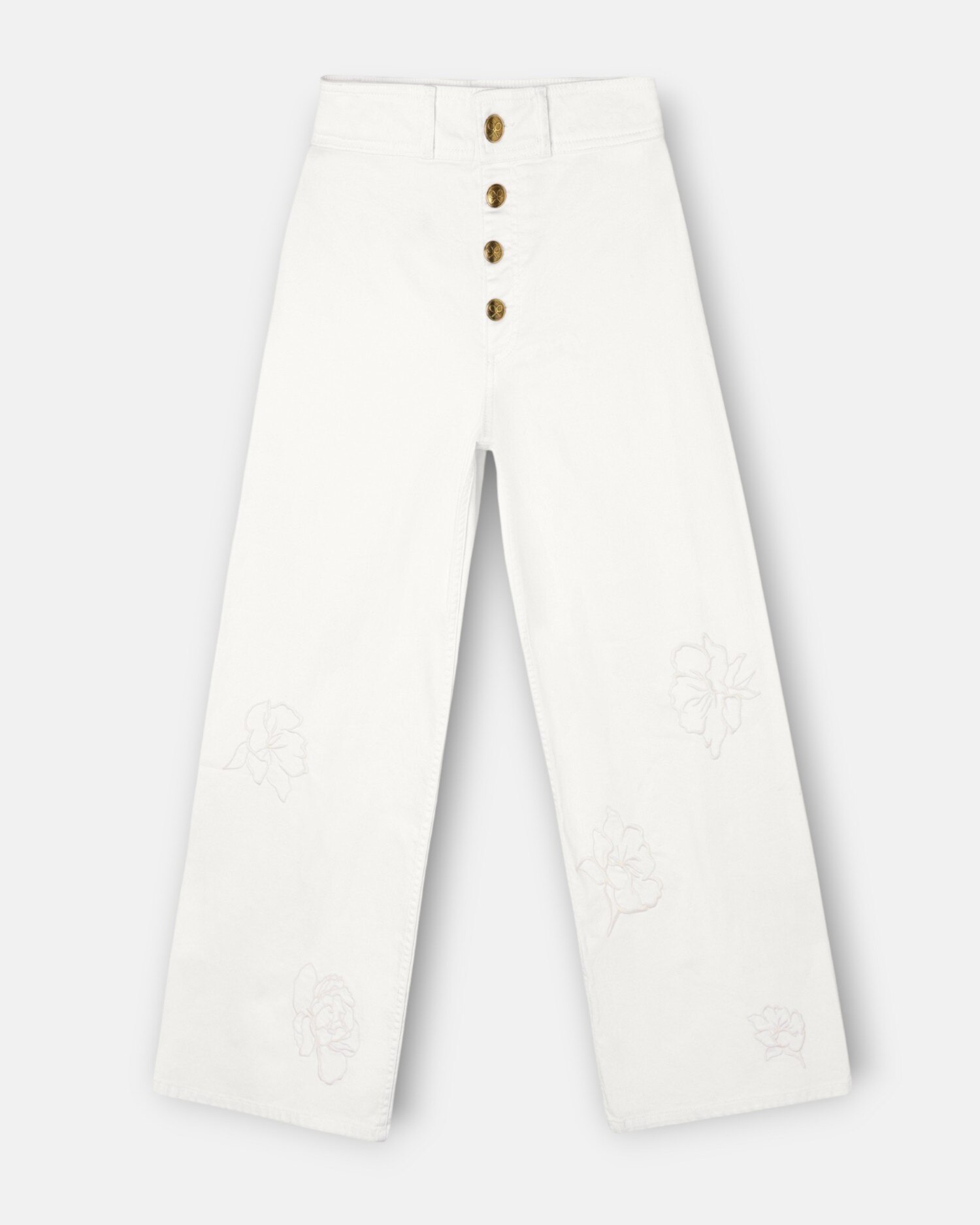Calças Largas com Bordados de Flores em Cru Branco-4