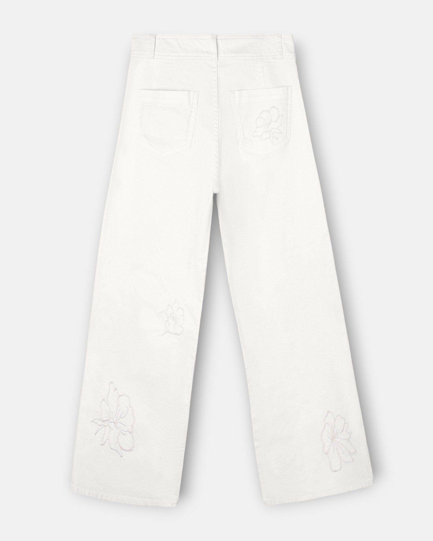 Calças Largas com Bordados de Flores em Cru Branco-5