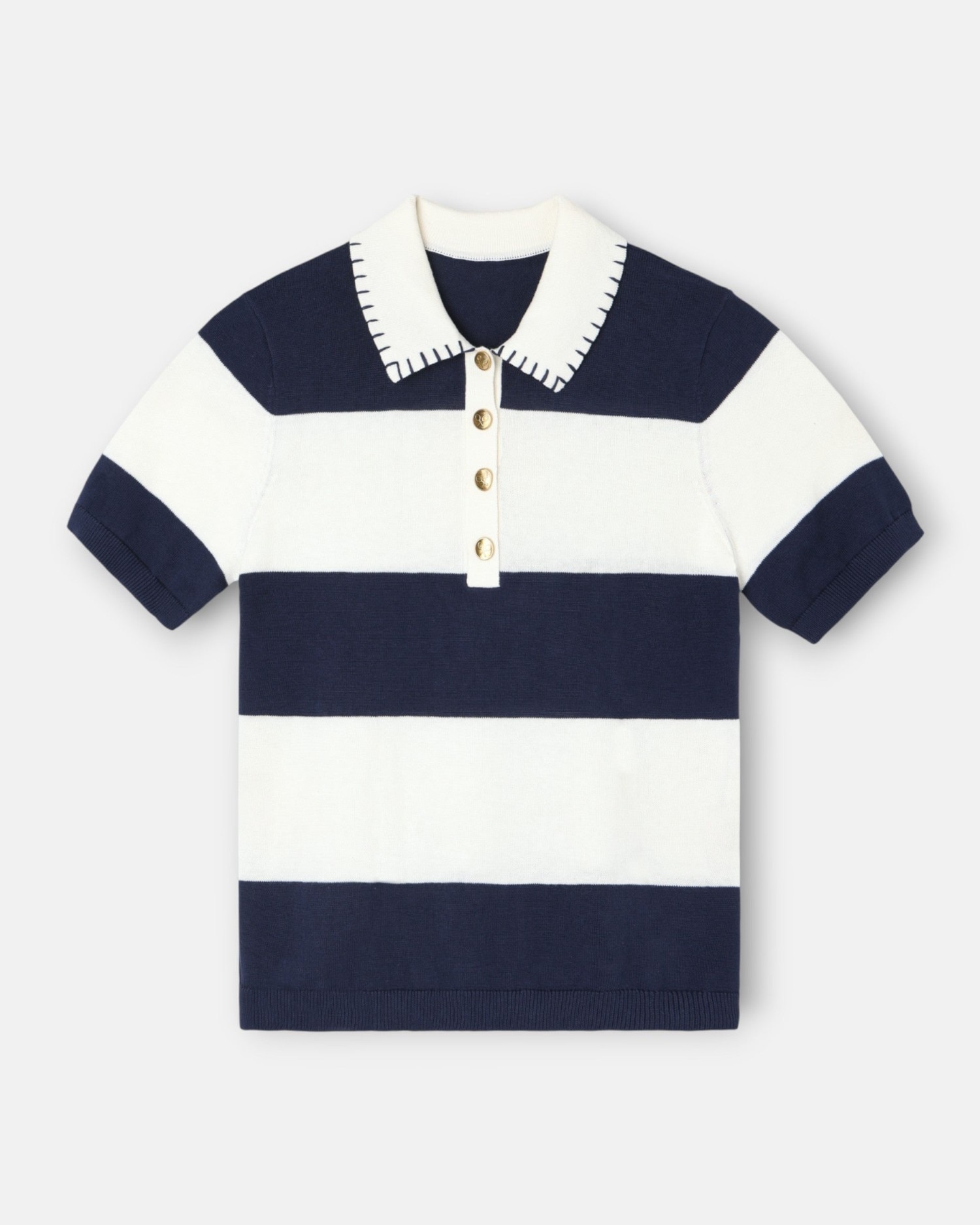 Polo de Malha de Manga Curta em Azul e Branco Branco-4