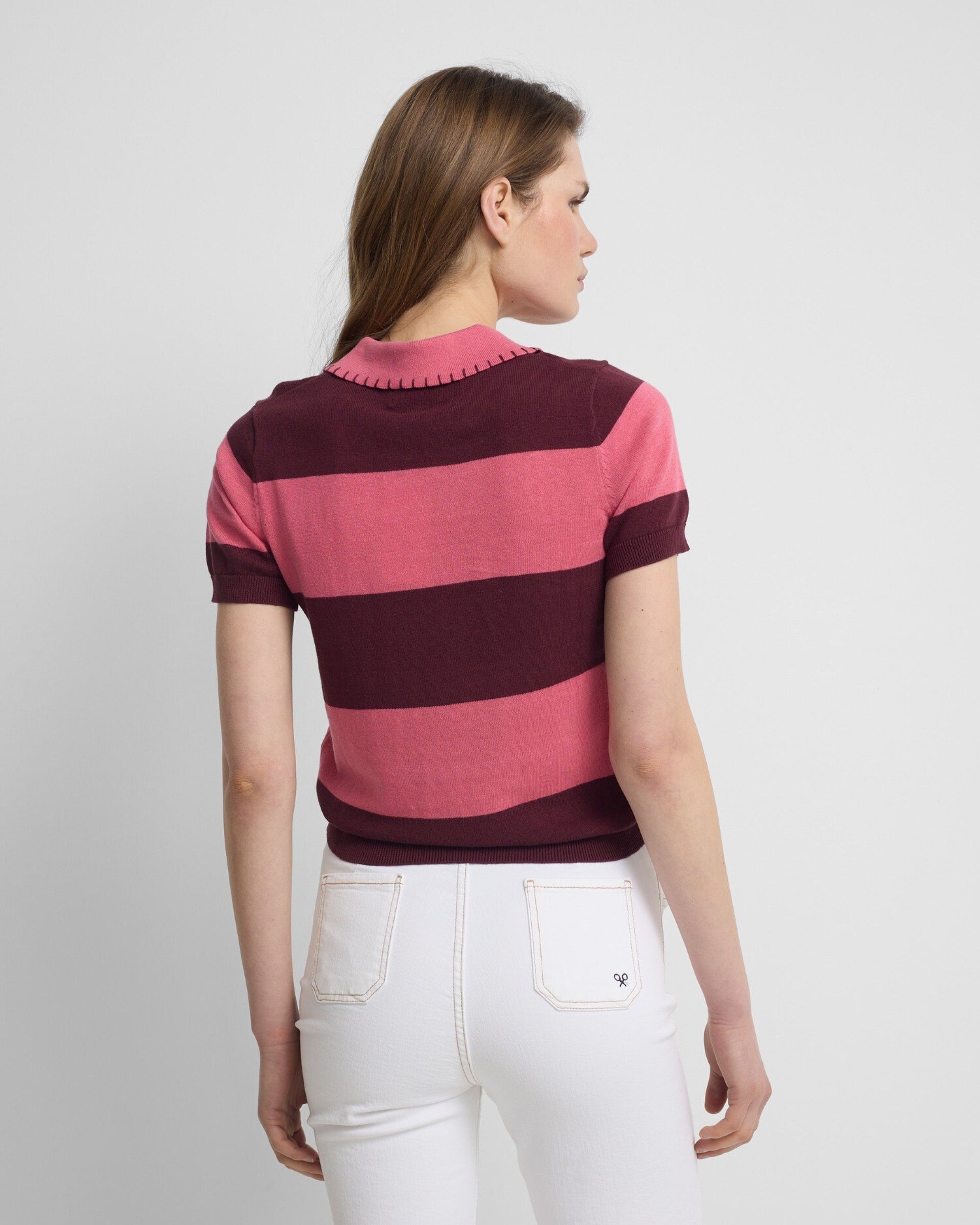 Polo de Malha de Manga Curta Às Riscas em Rosa Rosa-2