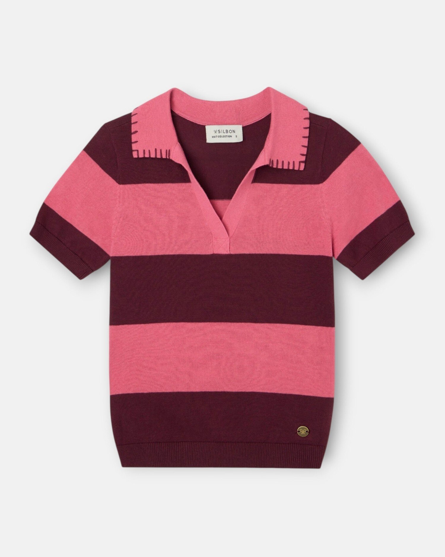 Polo de Malha de Manga Curta Às Riscas em Rosa Rosa-4
