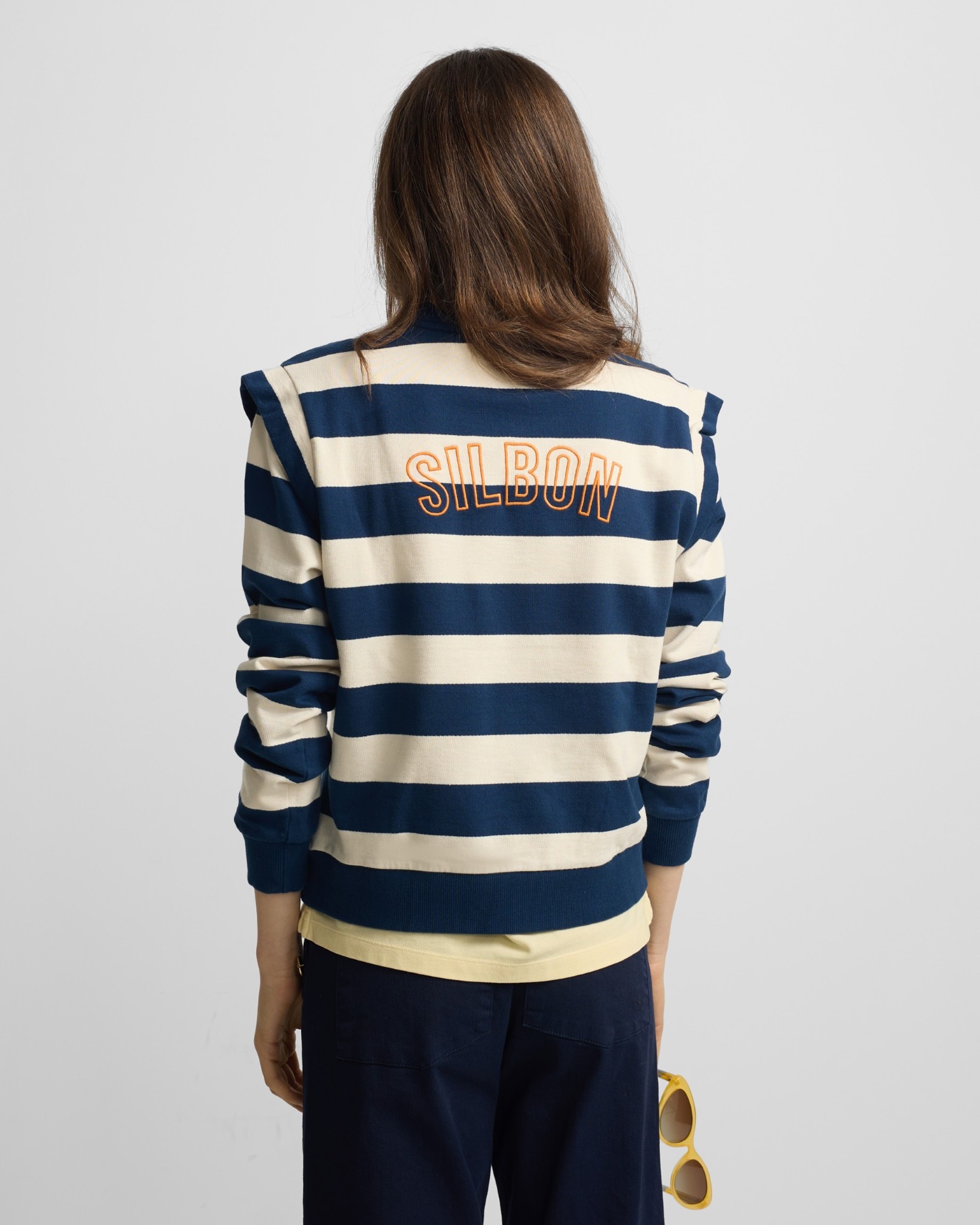 Sweatshirt com Ombreiras Às Riscas Azul-marinho-2