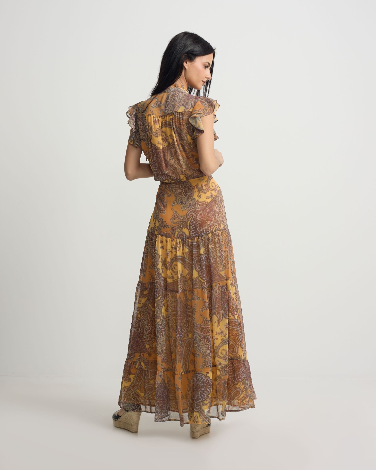 Vestido Midi com Volume Estampado Laranjas Laranja-2