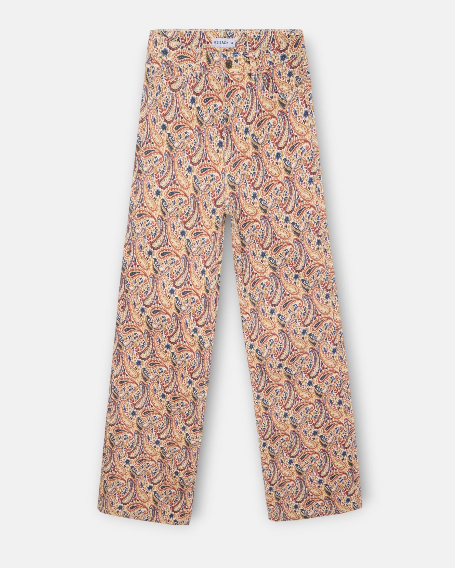 Calças Denim com Estampado Cachemir em Laranja Laranja-4