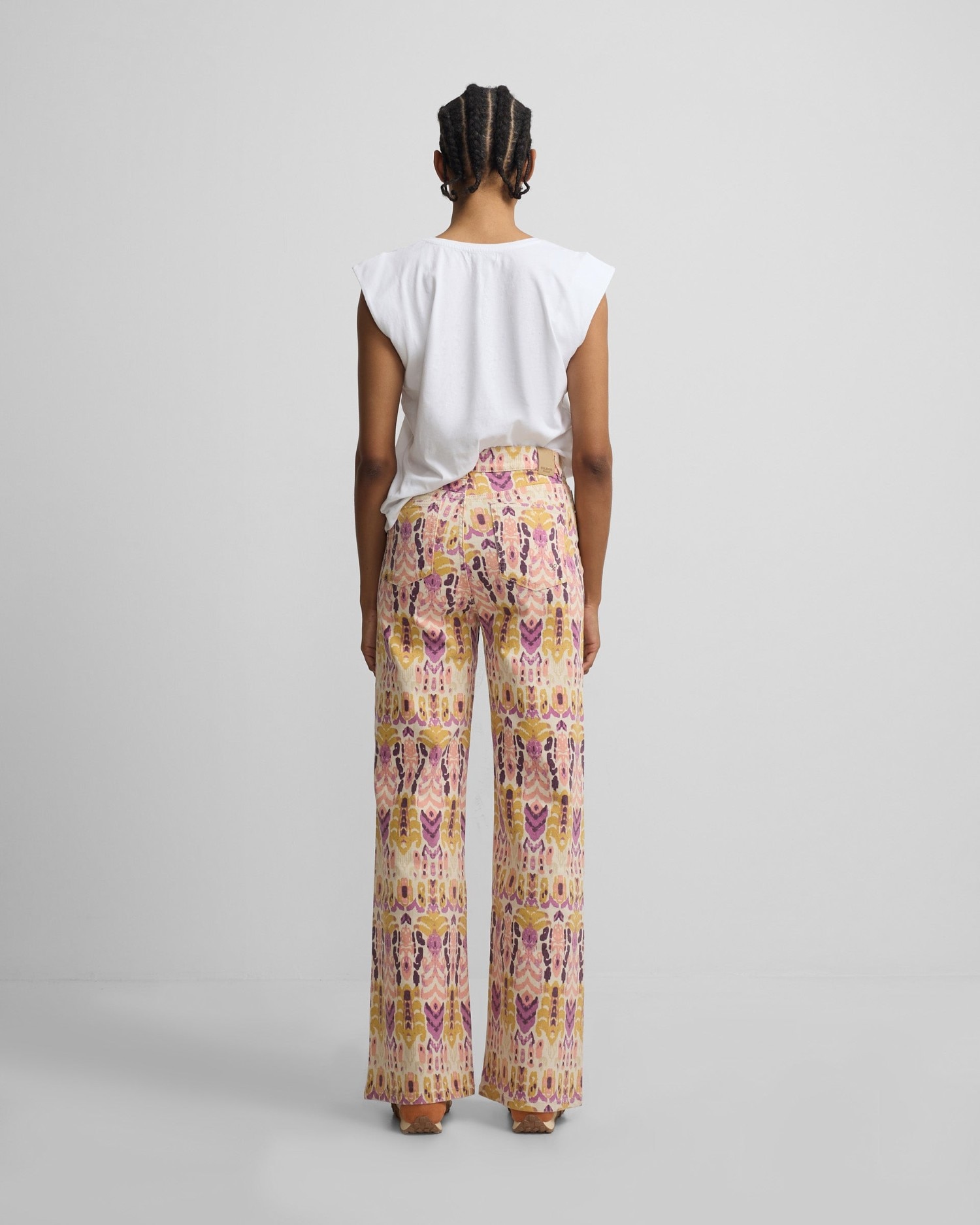 Calças Denim Estampado Ikat Rosas Rosa-2