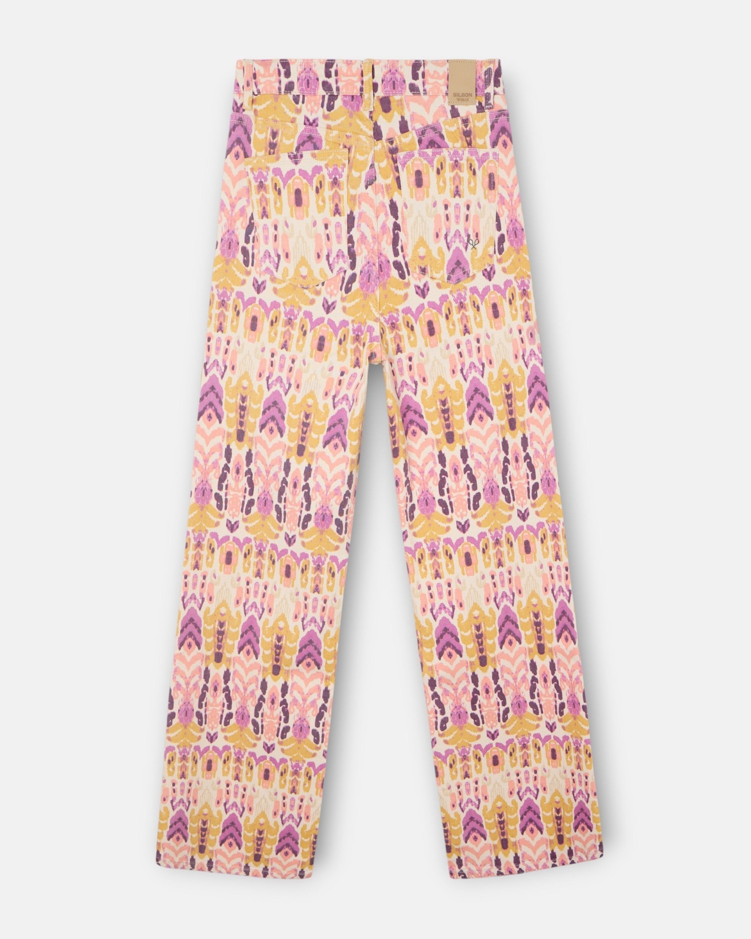 Calças Denim Estampado Ikat Rosas Rosa-4