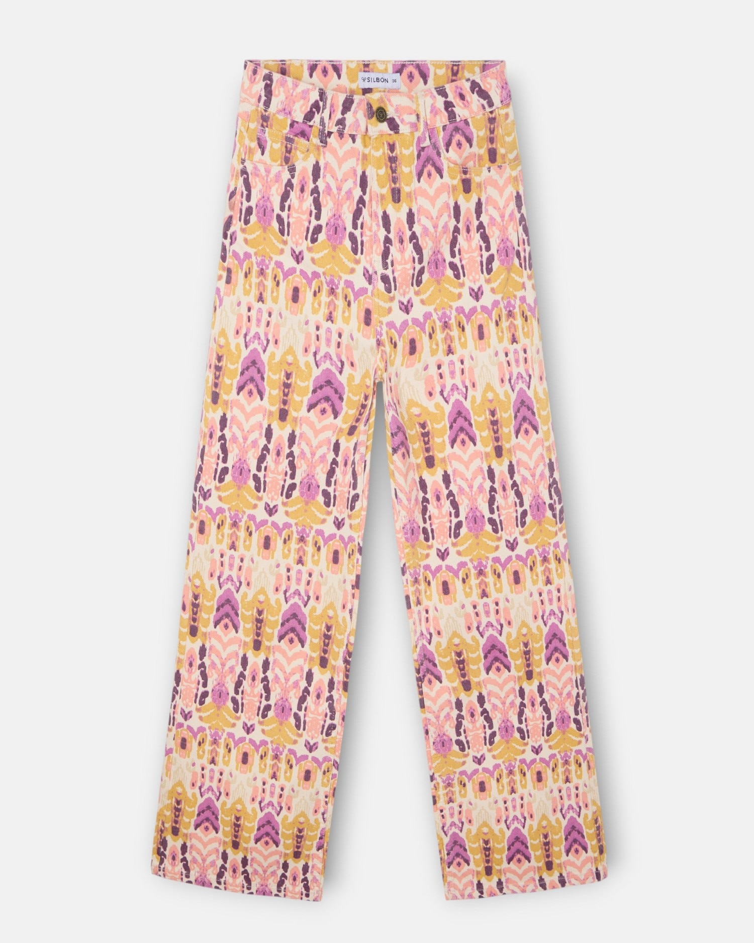 Calças Denim Estampado Ikat Rosas Rosa-5