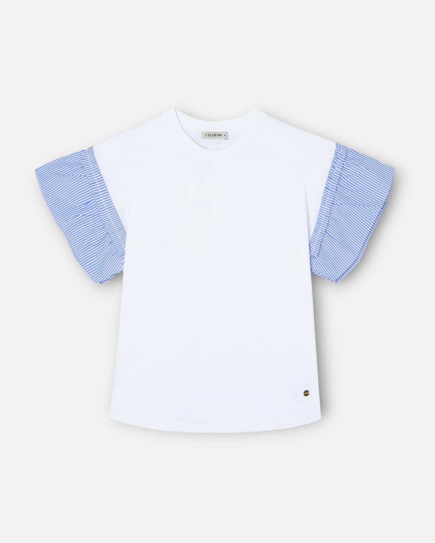 Imagem 0 de T-shirt Infantil com Folhos em Popelina Às Riscas Branca