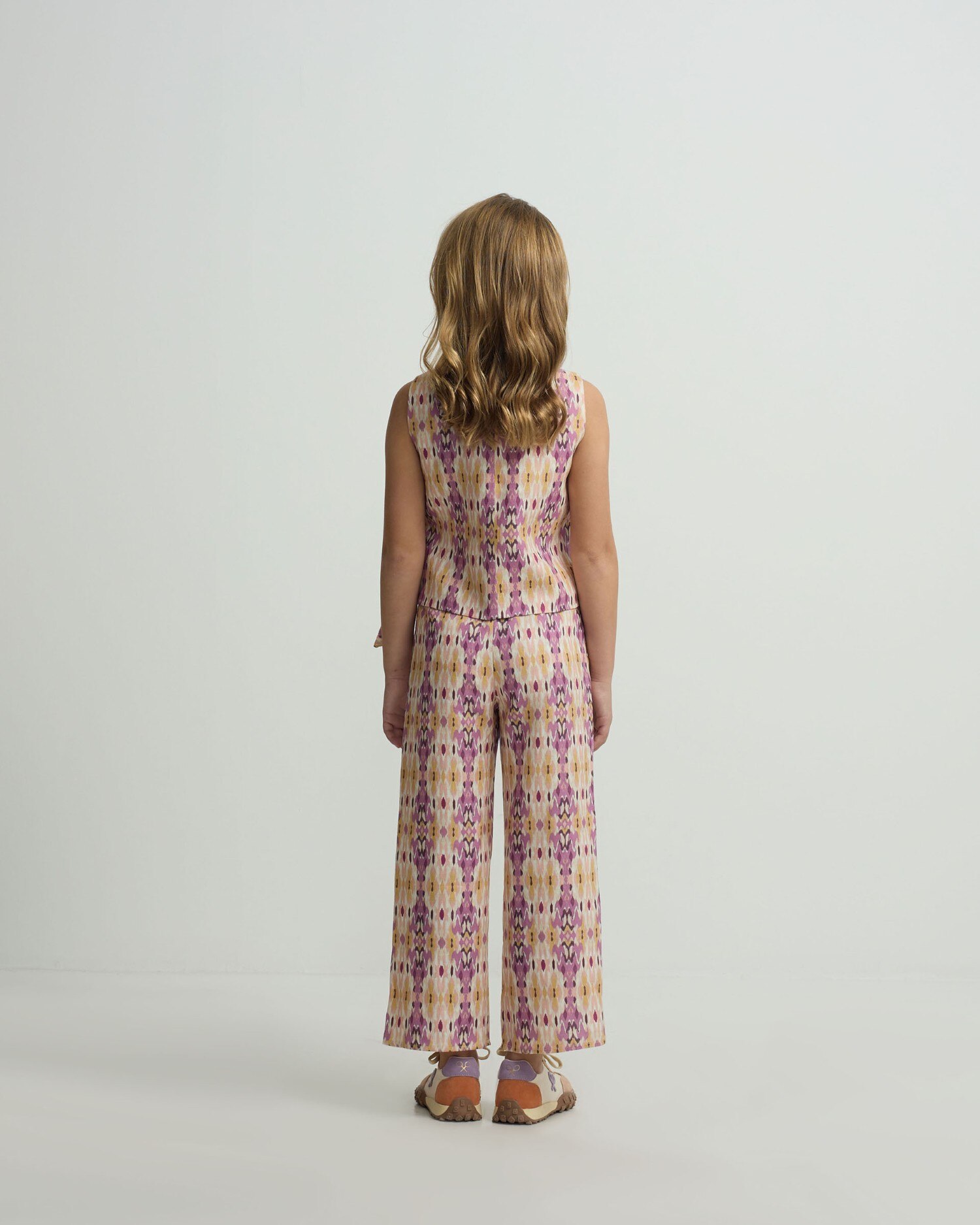 Calças Infantil de Linho com Estampado Ikat em Rosa Silbon Rosa / Verde-2