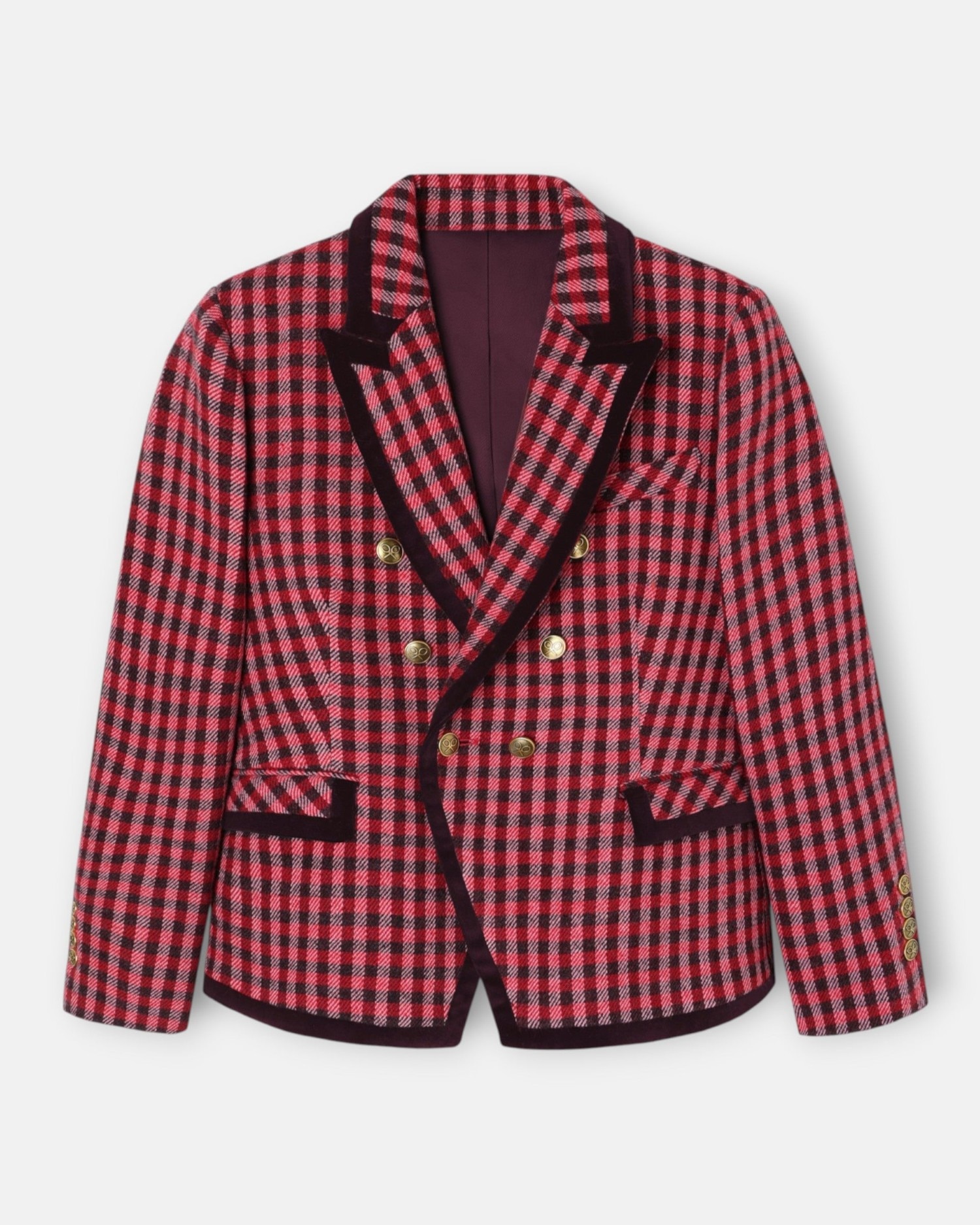 Blazer Cruzado com Debrum de Veludo Aos Quadrados Vichy Rosa-4