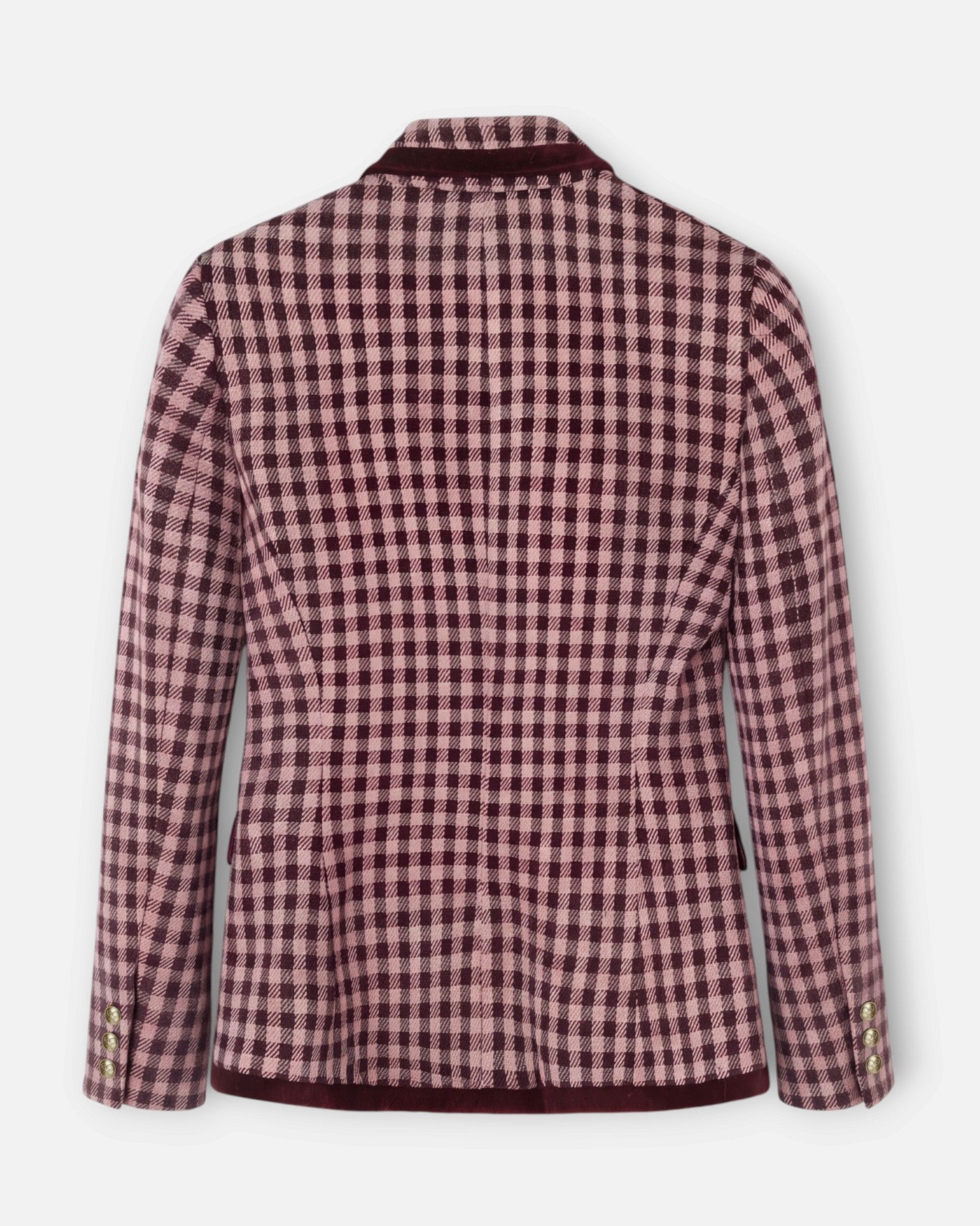 Blazer Cruzado com Debrum de Veludo Aos Quadrados Vichy Rosa-claro-5