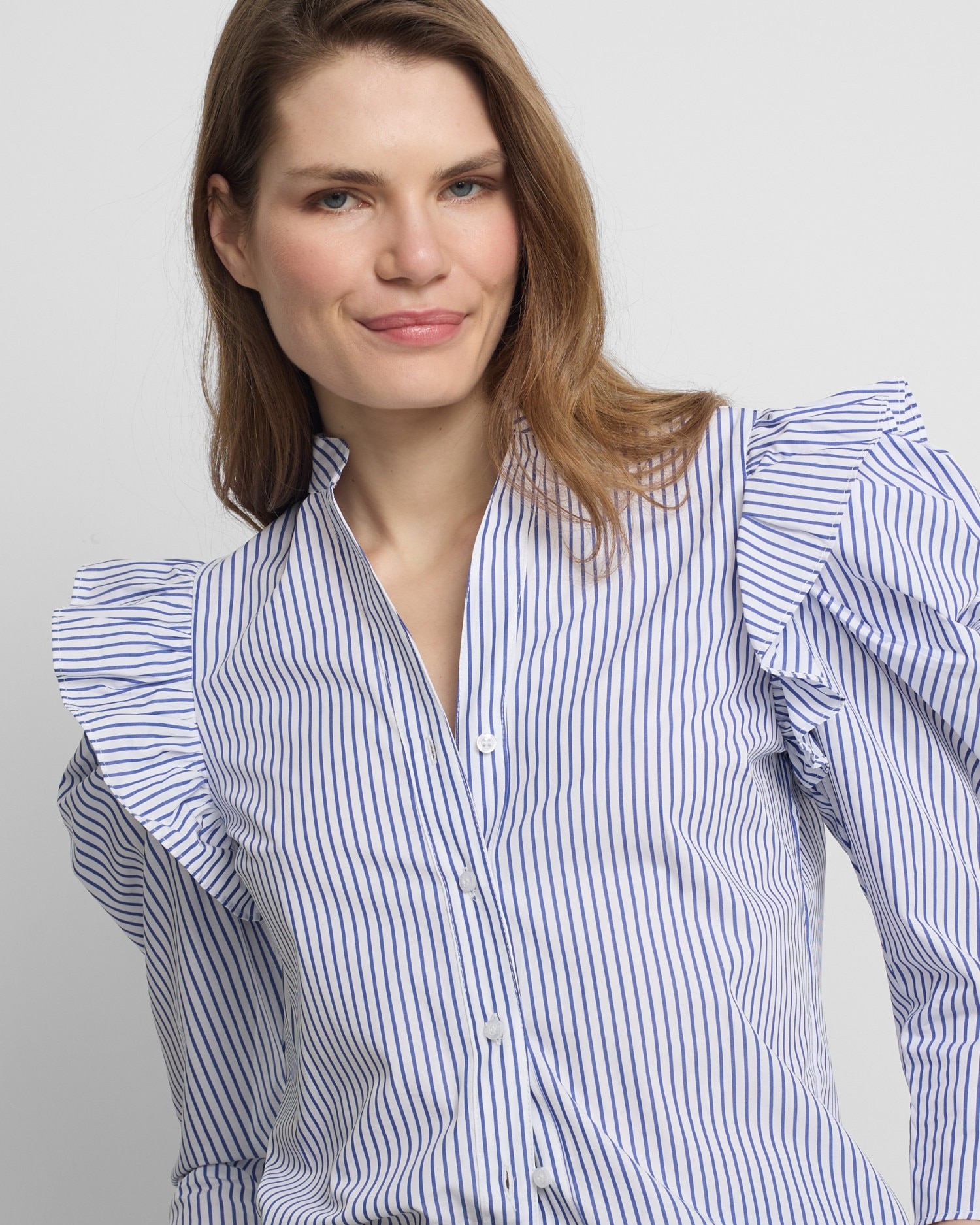 Camisa de Manga Abalonada Às Riscas em Azul e Branco Branco-3
