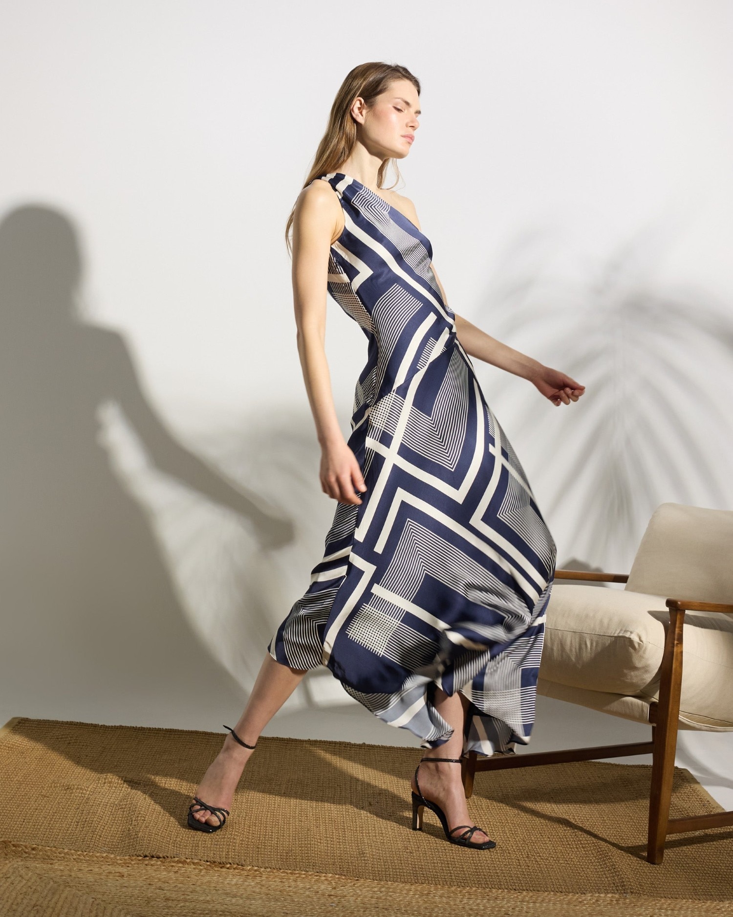 Vestido Midi Unique Assimétrico Estampado Azul Azul-3