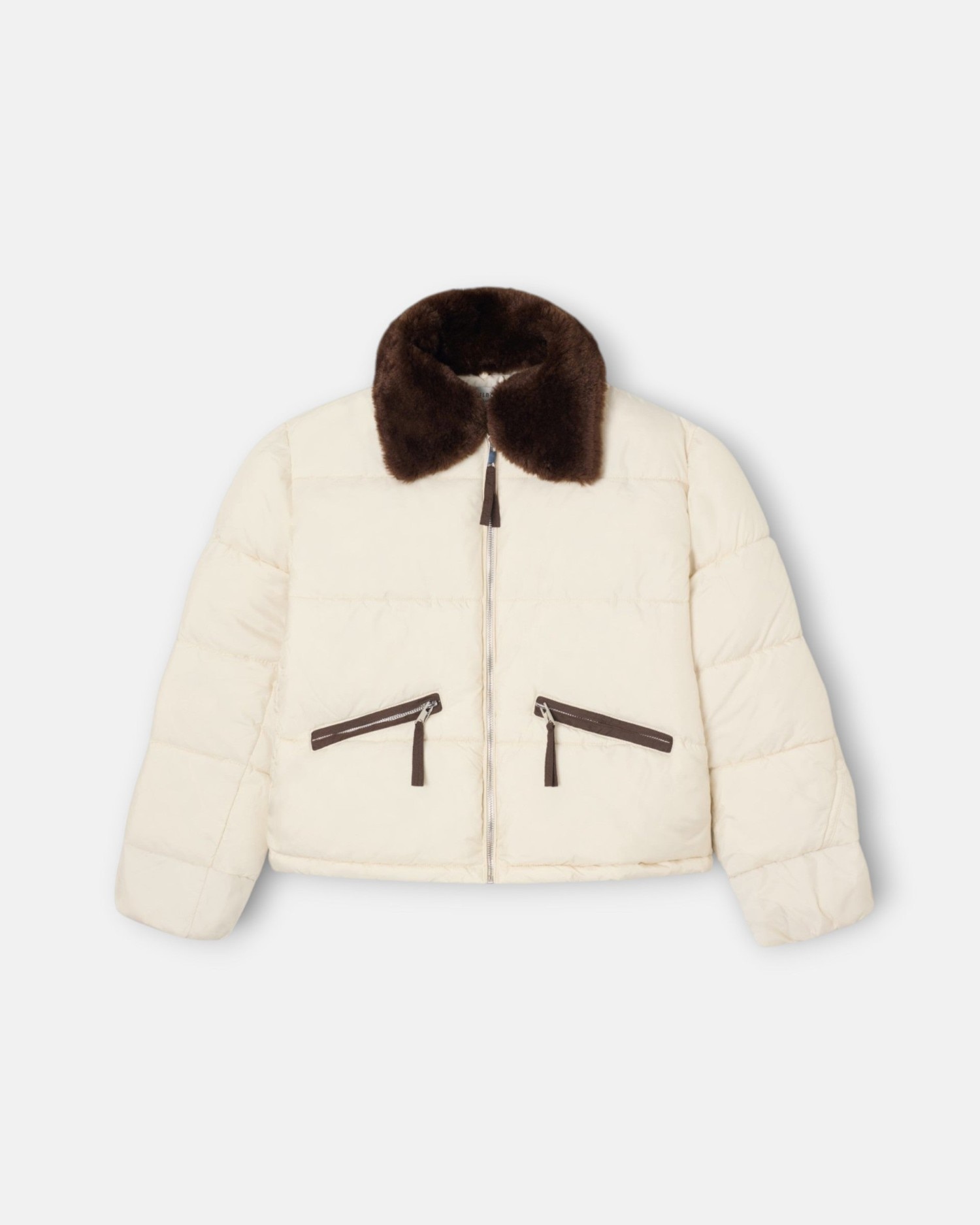 Parka Curta Acolchoada com Gola em Pelo Bege-4