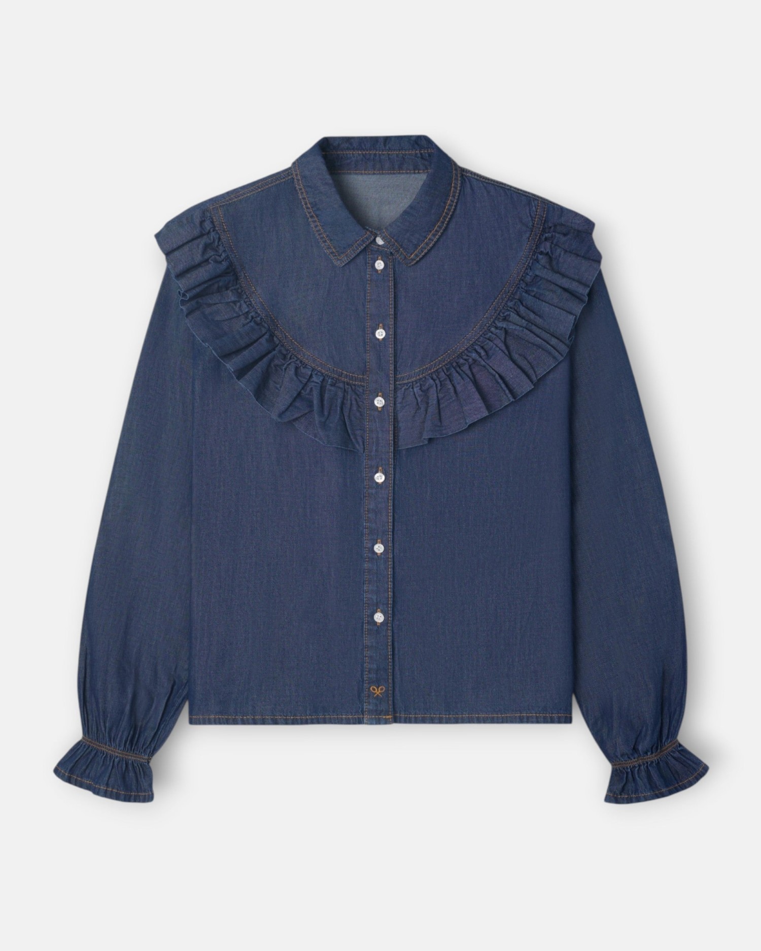 Camisa com Folhos Denim Azul-4