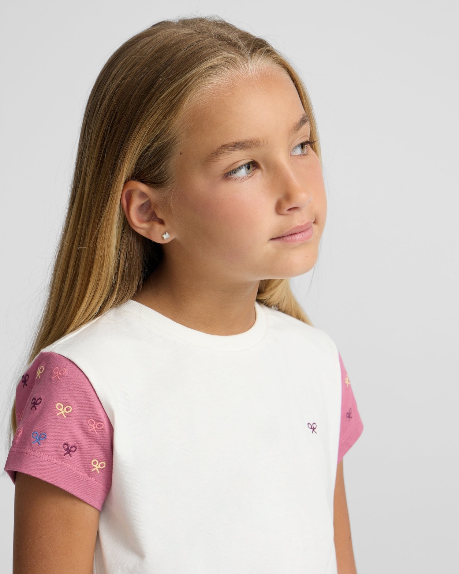T-shirt Infantil Raquetes com Mangas de Folho Branco / Rosa-3