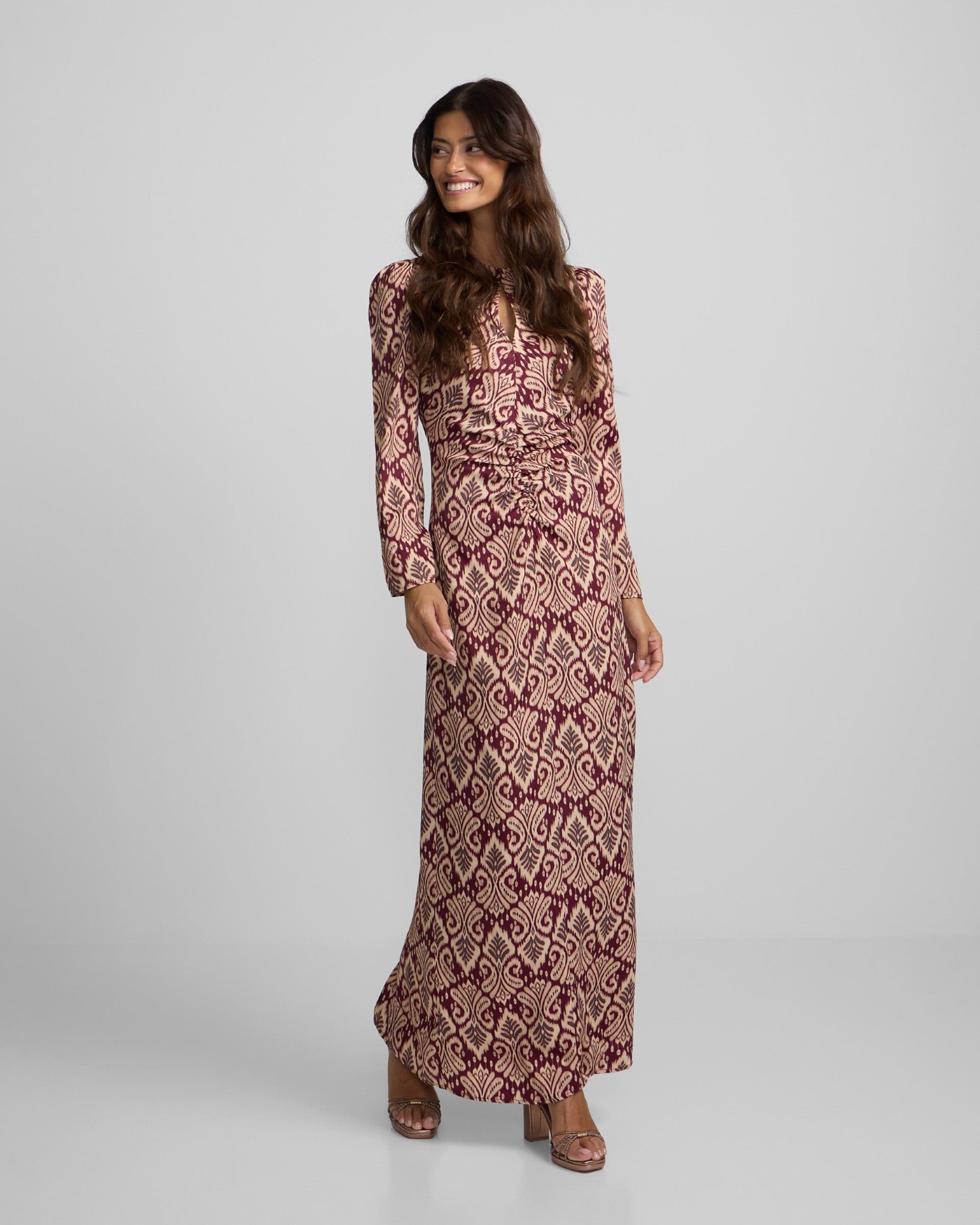 Imagem 0 de Vestido Comprido Drapeado com Estampado Ikat em Bordeaux