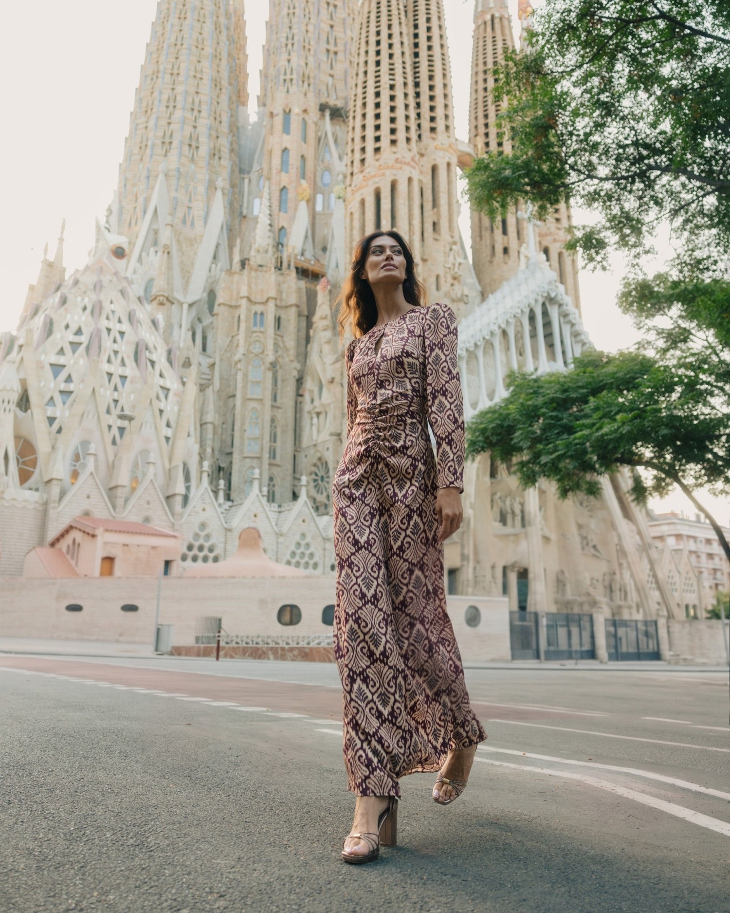 Vestido Comprido Drapeado com Estampado Ikat em Bordeaux Bordeaux-3