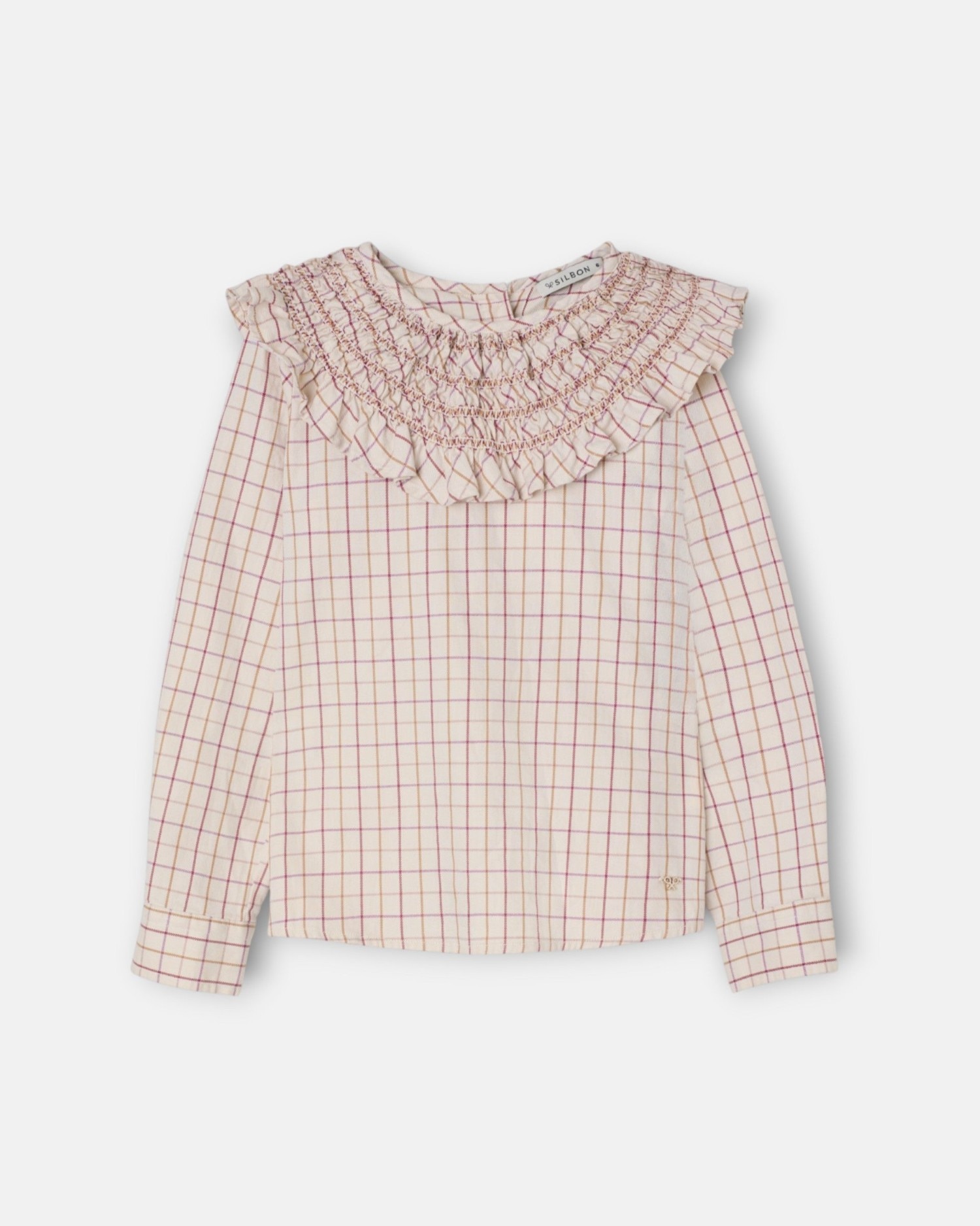 Blusa Aos Quadrados com Gola Folho Bege-2