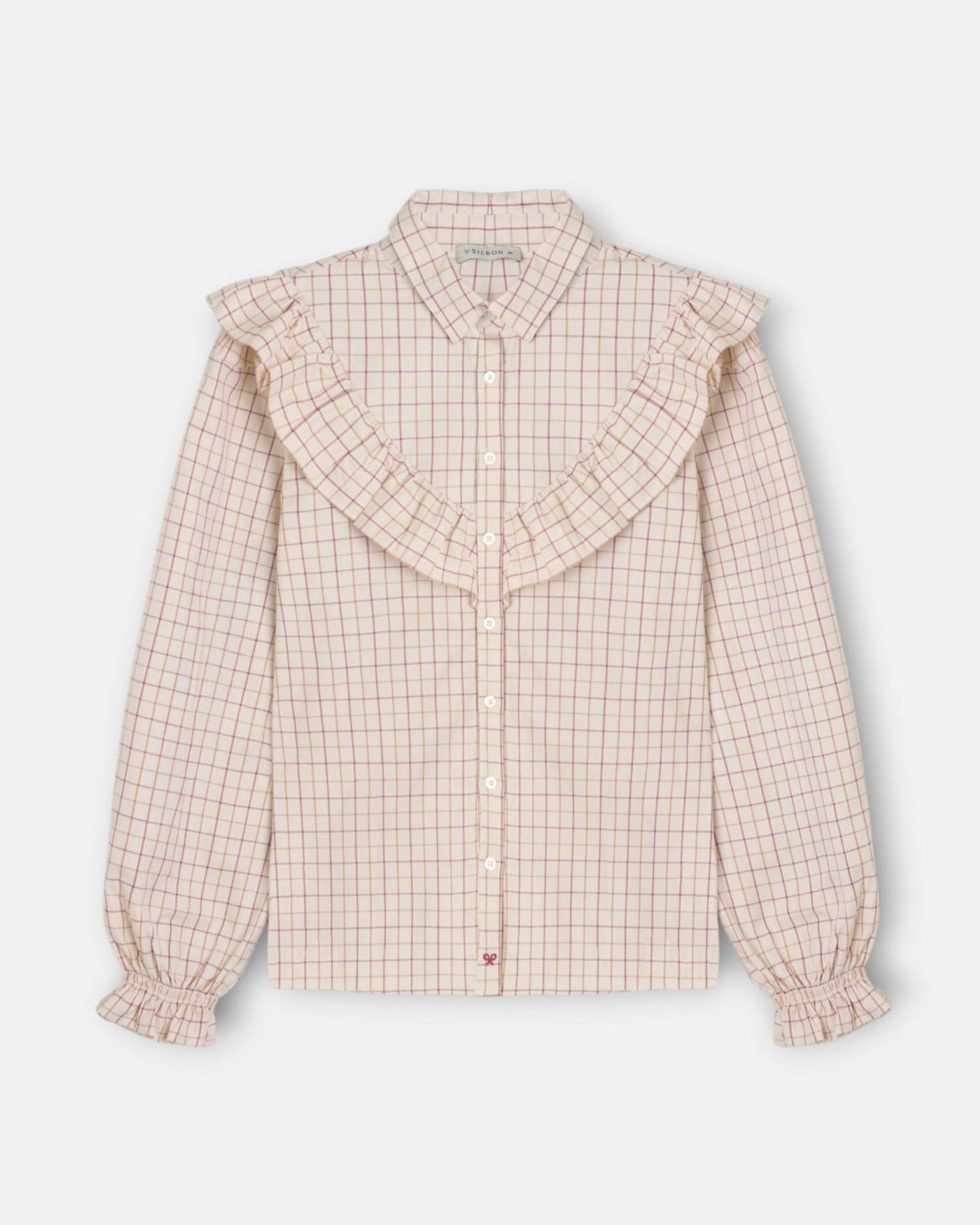Camisa com Folhos Aos Quadrados Bege-4