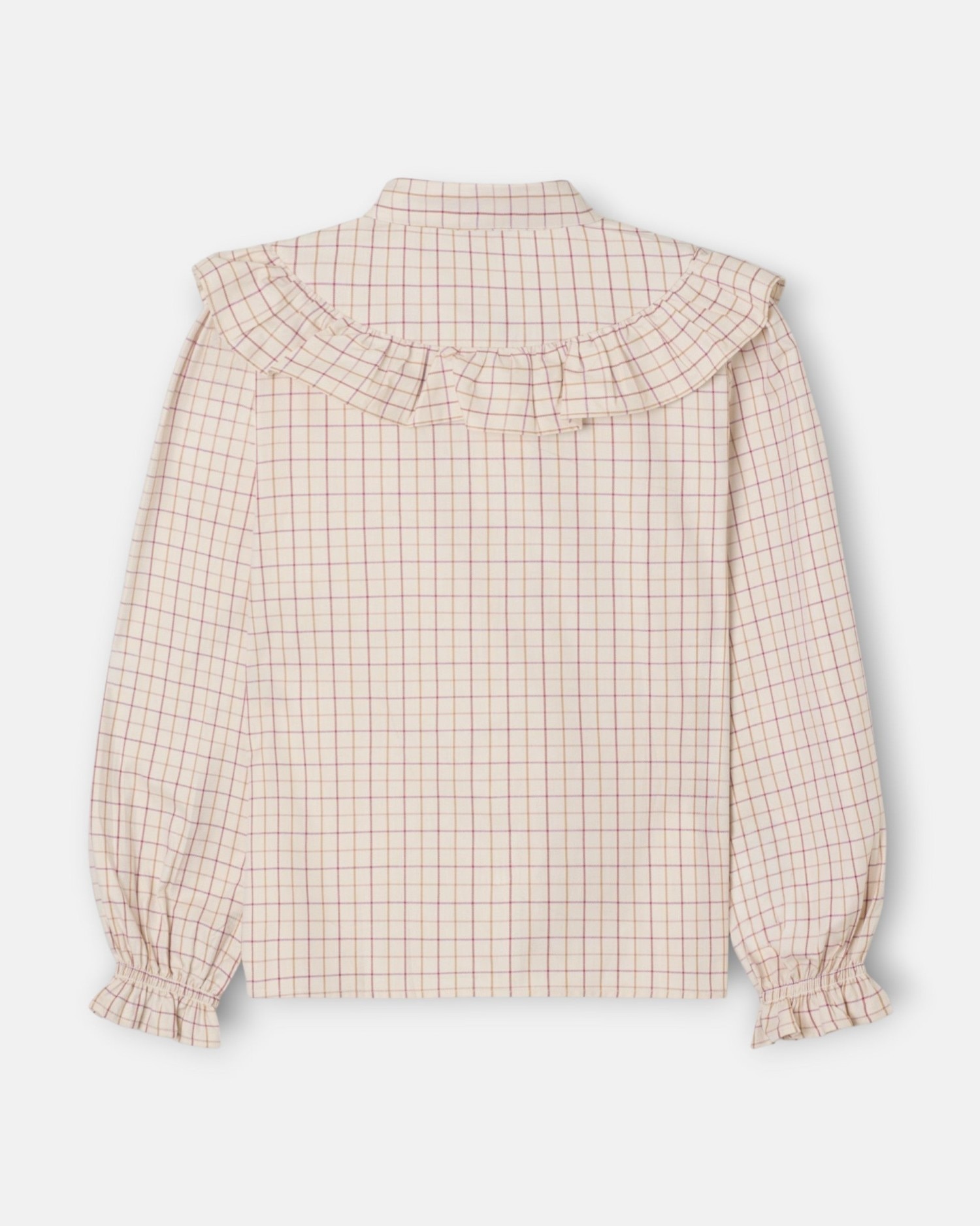 Camisa com Folhos Aos Quadrados Bege-5