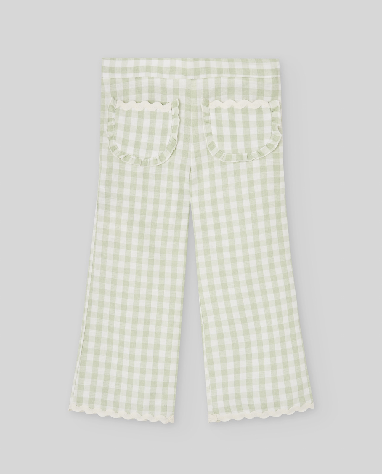 Calças Cinco Bolsos Infantil Aos Quadrados com Folhos Coleção Frescura PAZ Rodríguez Verde-claro-1