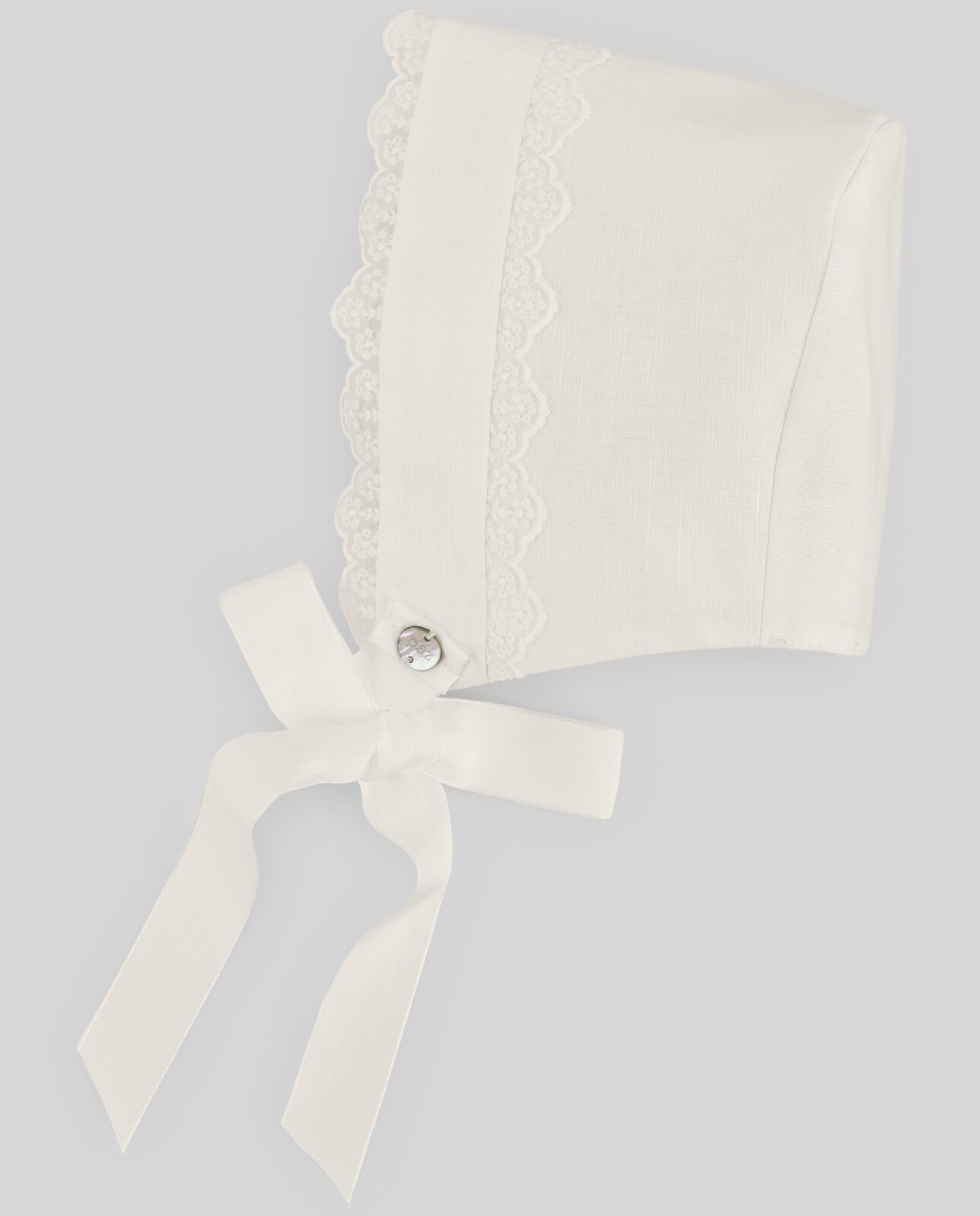 Capota Infantil de Linho com Renda de Flores Coleção Cerimónia Cru-2