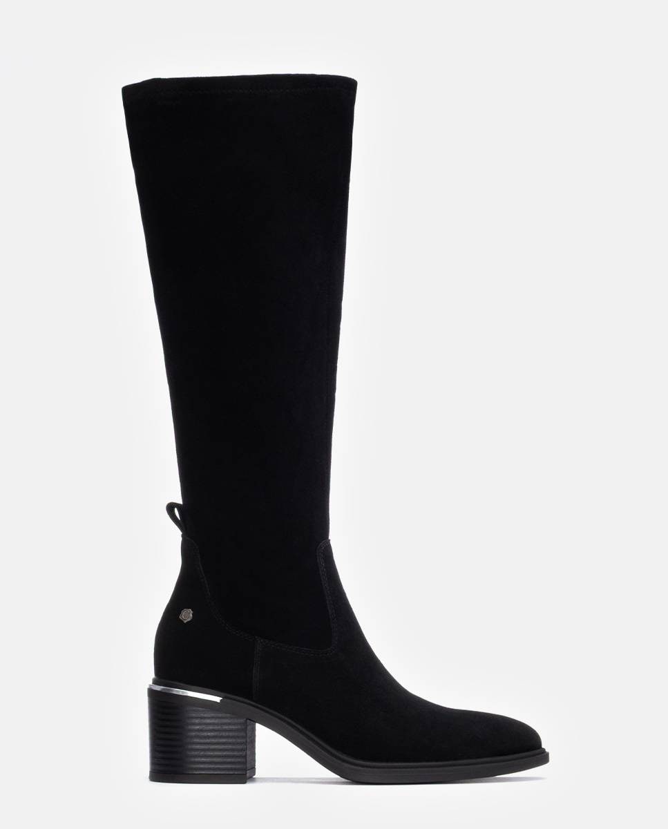 Botas de Pele com Biqueira Afiada e Fecho Zip Lateral Preto-1