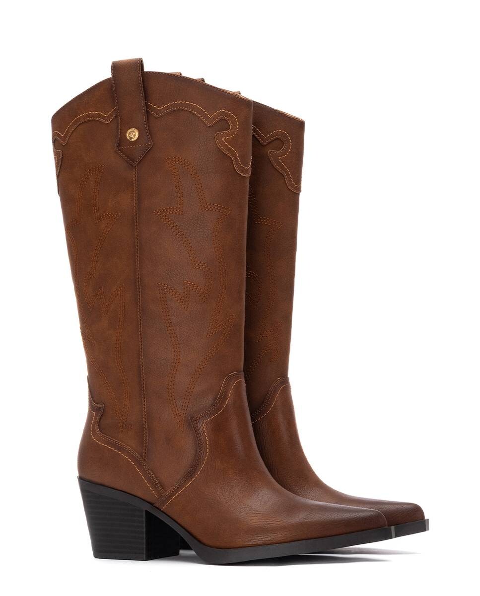 Botas Estilo Cowboy com Salto e Fecho Zip Lateral Camel-5