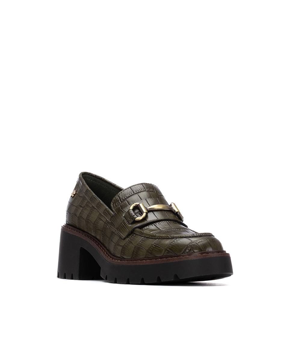 Mocassins de Pele com Salto Largo Caqui-3