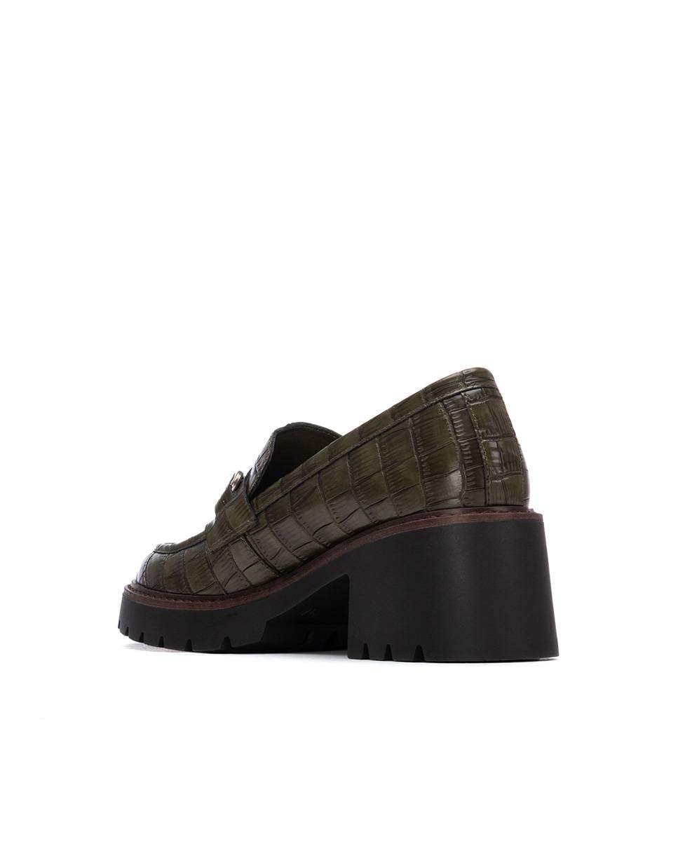 Mocassins de Pele com Salto Largo Caqui-4