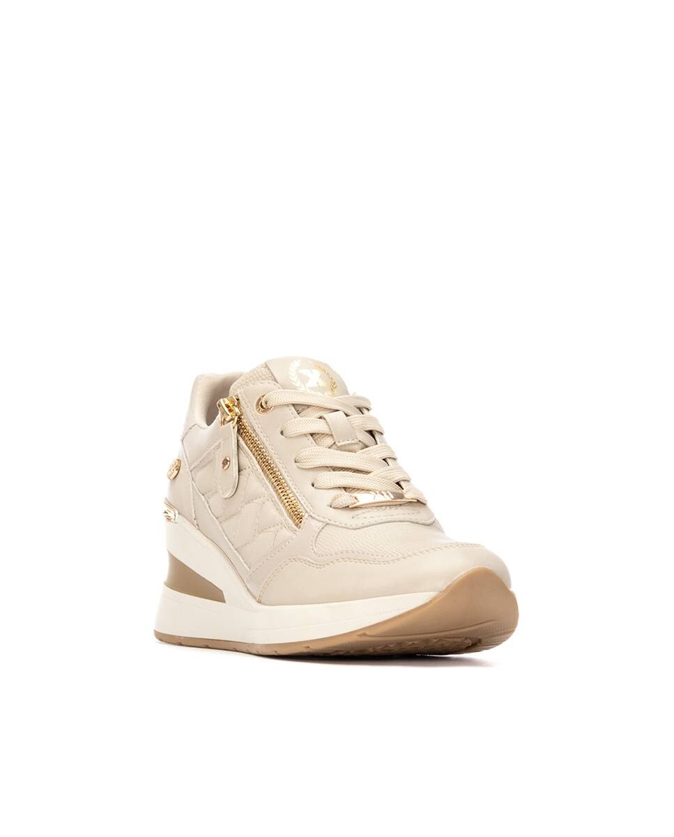 Sapatilhas Desportivas com Cunha e Fecho Zip Lateral Bege-2