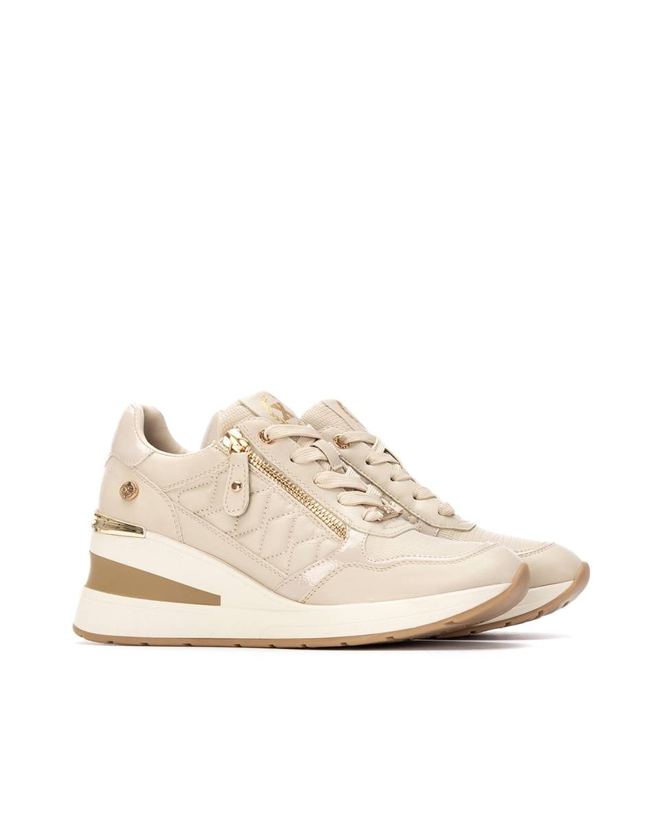 Sapatilhas Desportivas com Cunha e Fecho Zip Lateral Bege-4