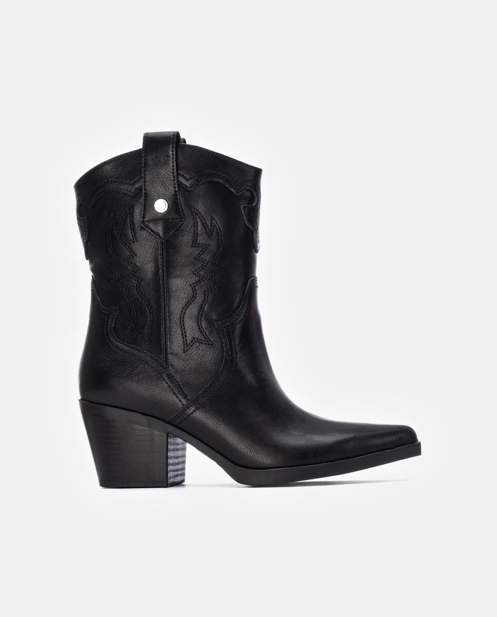 Botins Estilo Cowboy com Tacão Largo Preto-1