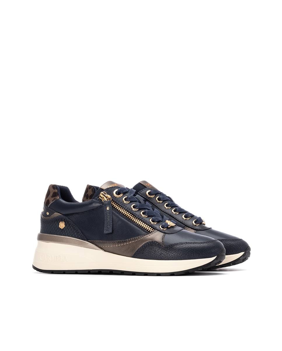 Sapatilhas de Pele com Atacadores e Cunha Azul-5