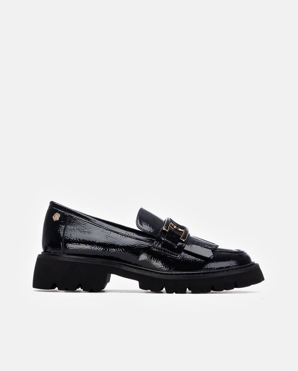 Mocassins de Pele Rasos com Fivela Preto-1