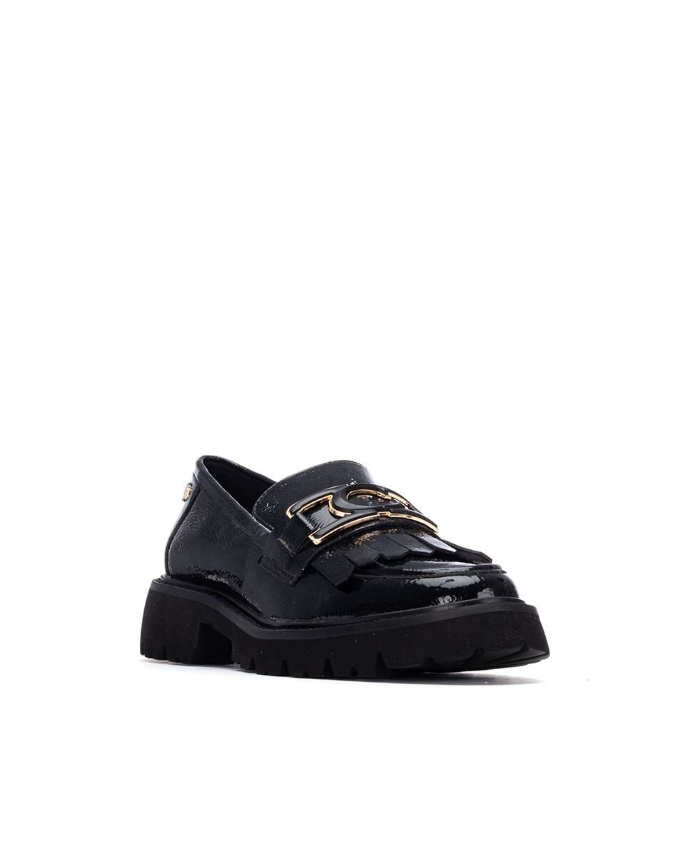Mocassins de Pele Rasos com Fivela Preto-3