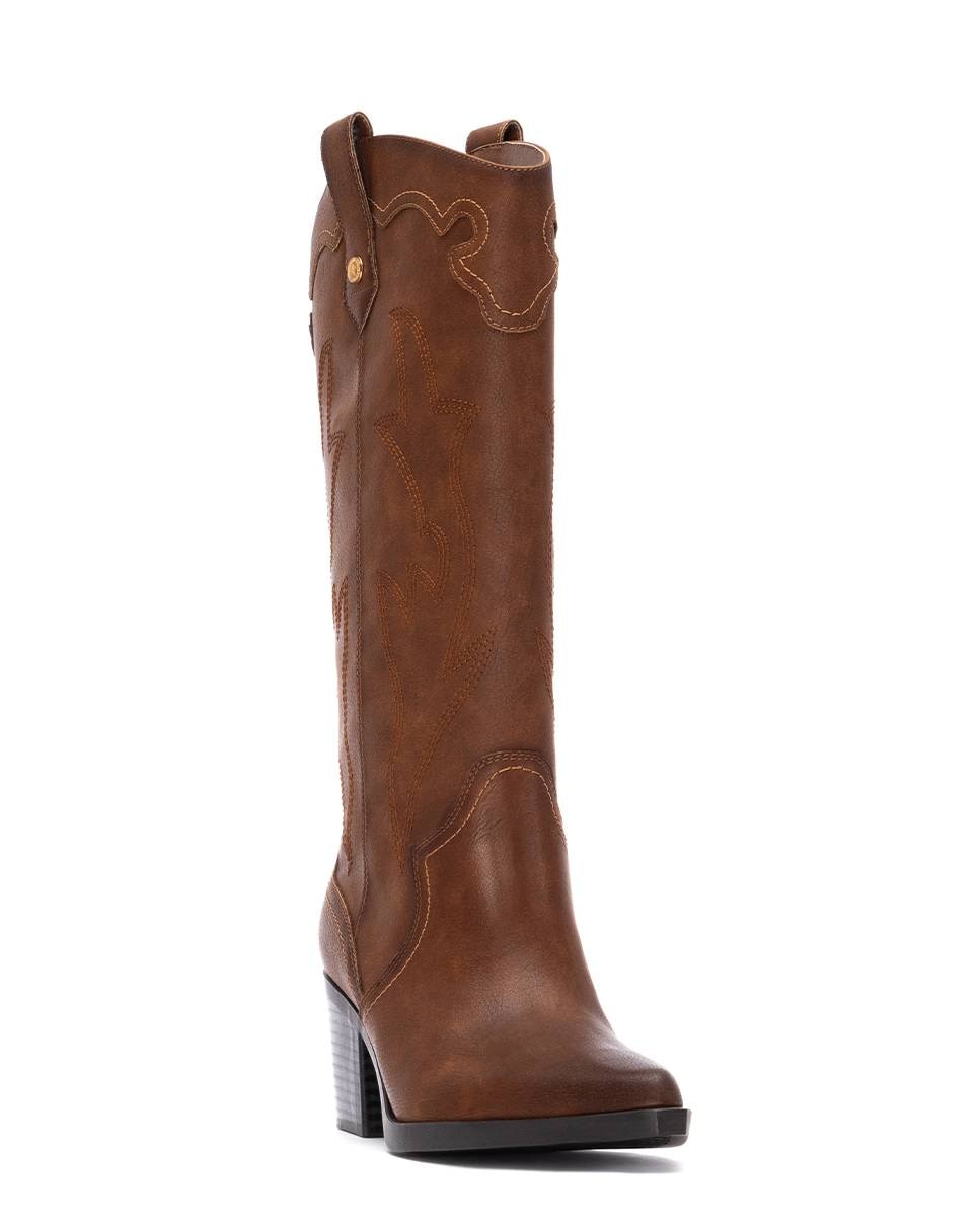 Botas Estilo Cowboy com Salto e Fecho Zip Lateral Camel-3