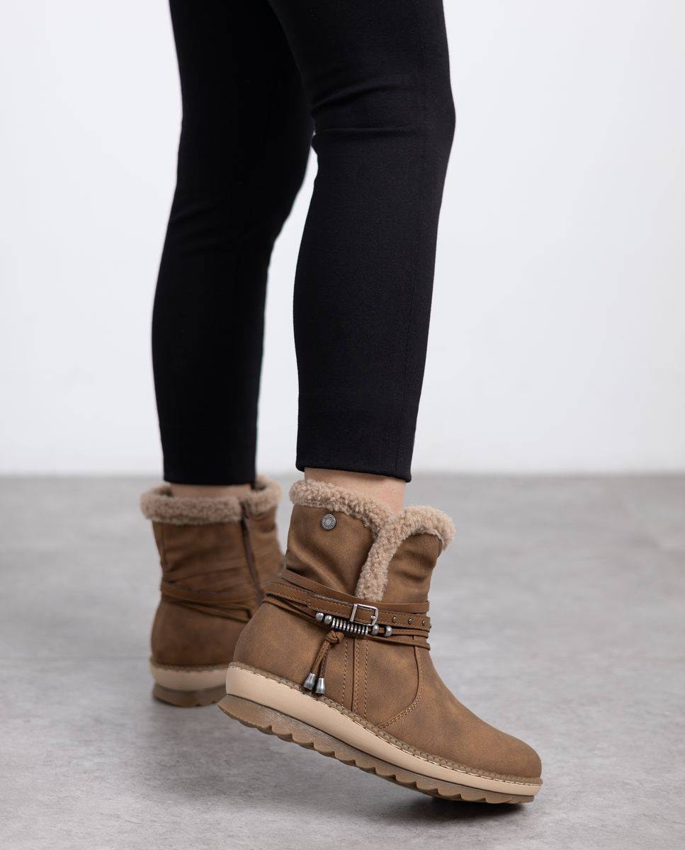 Botins com Pelo de Ovelha e Fecho Zip Lateral Camel-2