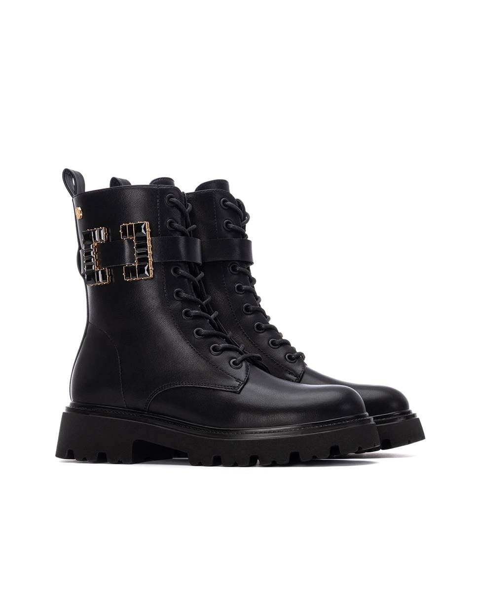 Botins Estilo Militar com Cordões Preto-5