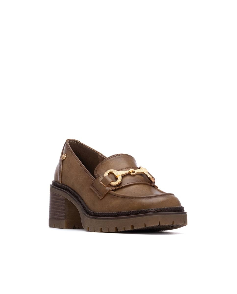 Mocassins com Salto e Corrente Decorativa Castanho-claro-3