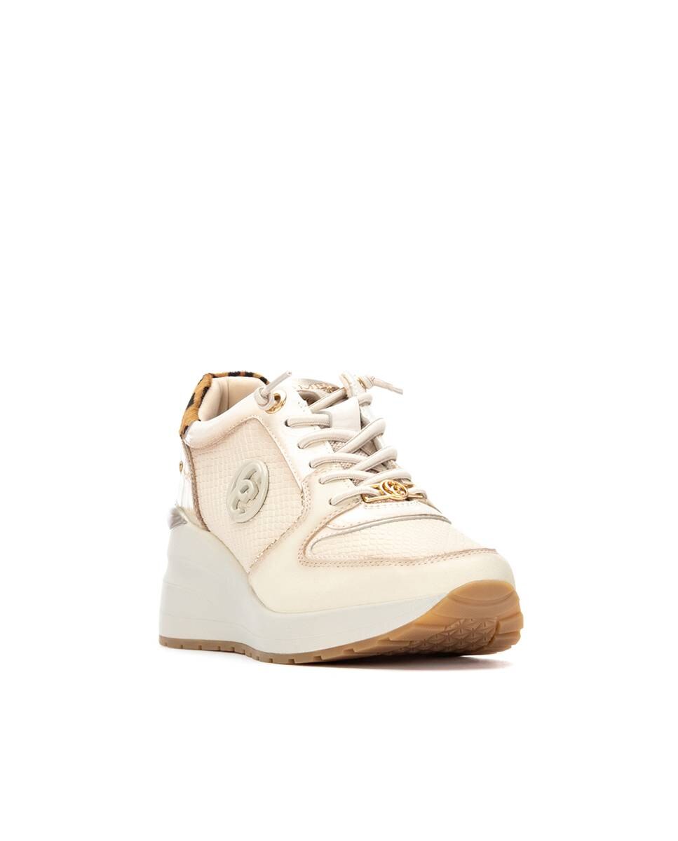 Sapatilhas de Pele com Cunha Alta de Borracha Bege-3