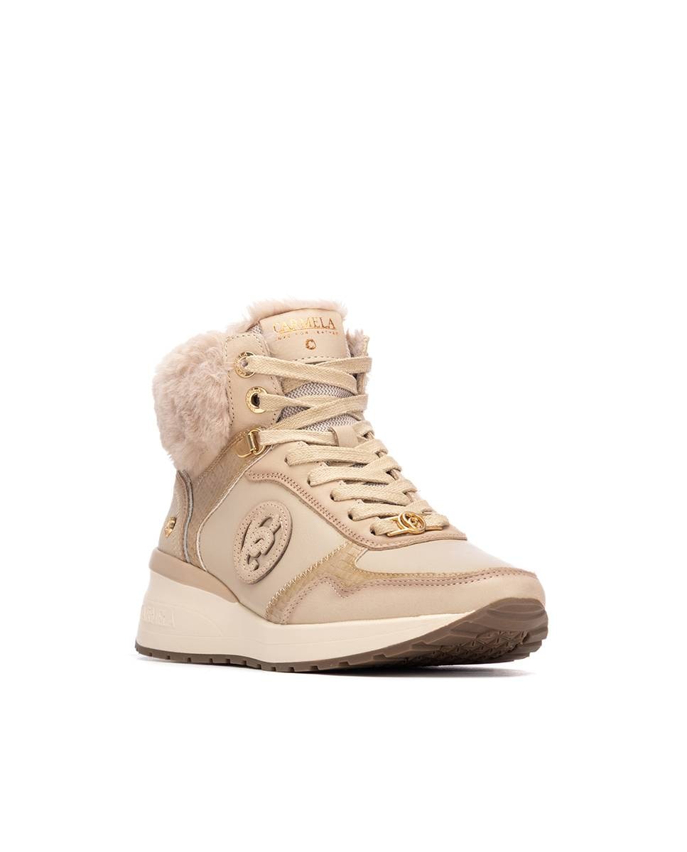 Botins com Pelo e Fecho Zip de Pele Bege-3